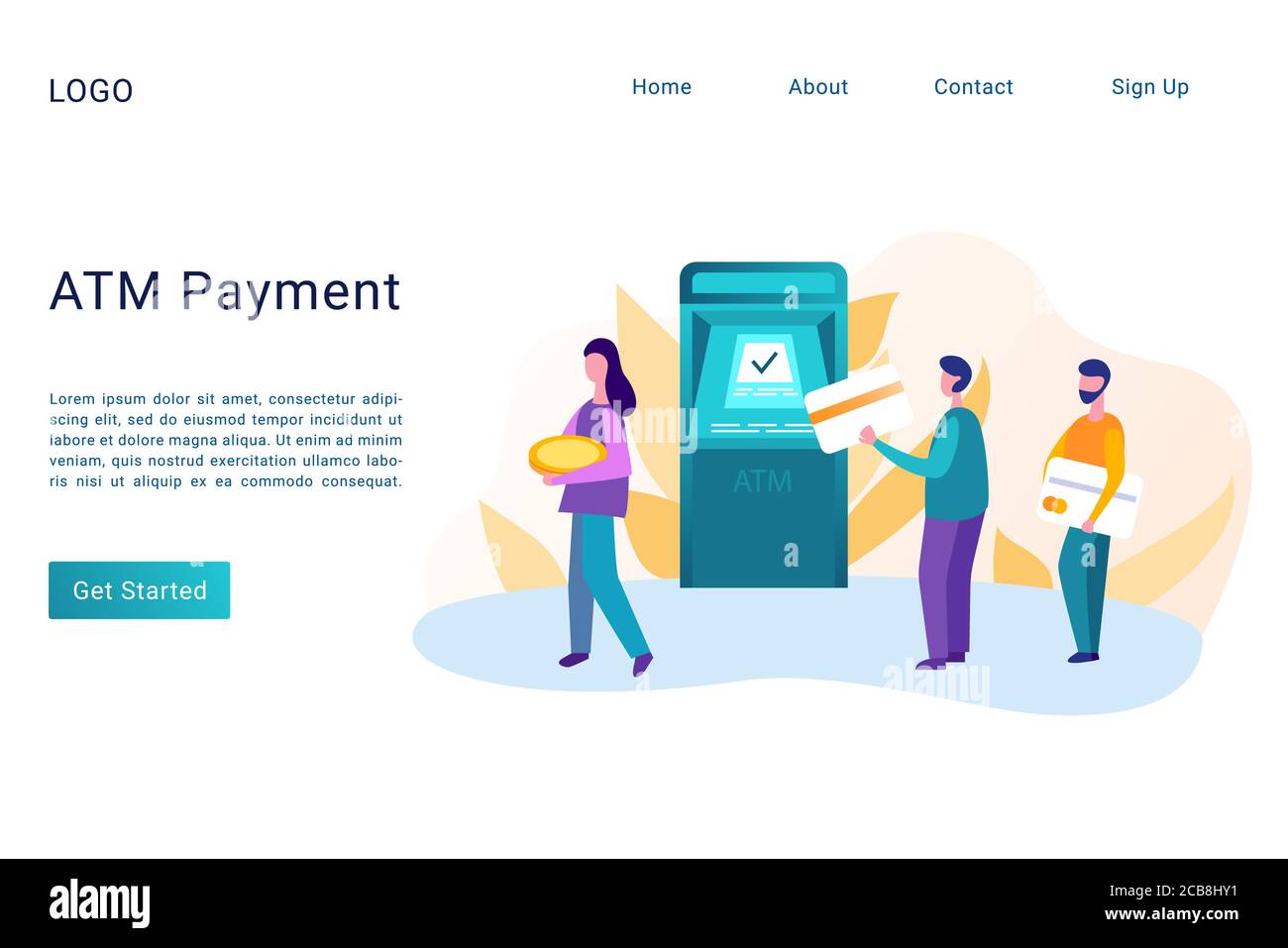 Modèle de page de renvoi de paiement ATM. Retrait d'argent, transfert, transaction site Web concept page d'accueil. Les personnes détenant des cartes de débit et utilisant la bannière Web automatique de guichet Illustration de Vecteur