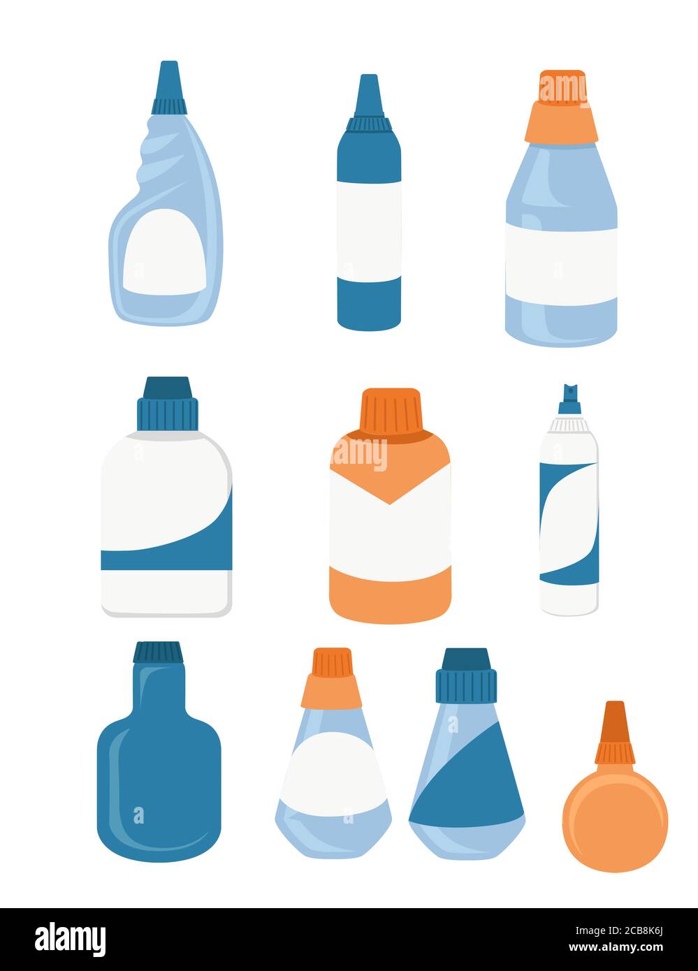 Les bouteilles de produits chimiques ménagers contiennent des fournitures de nettoyage vides et vierges etiquetez l'illustration vectorielle plate isolée sur fond blanc Illustration de Vecteur