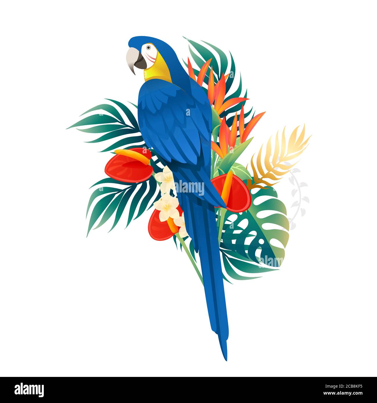 Le joli perroquet Macaw est orné de feuilles vertes et de fleurs rouges tête dessin animé animal dessin plat vecteur illustration isolée sur blanc arrière-plan Illustration de Vecteur
