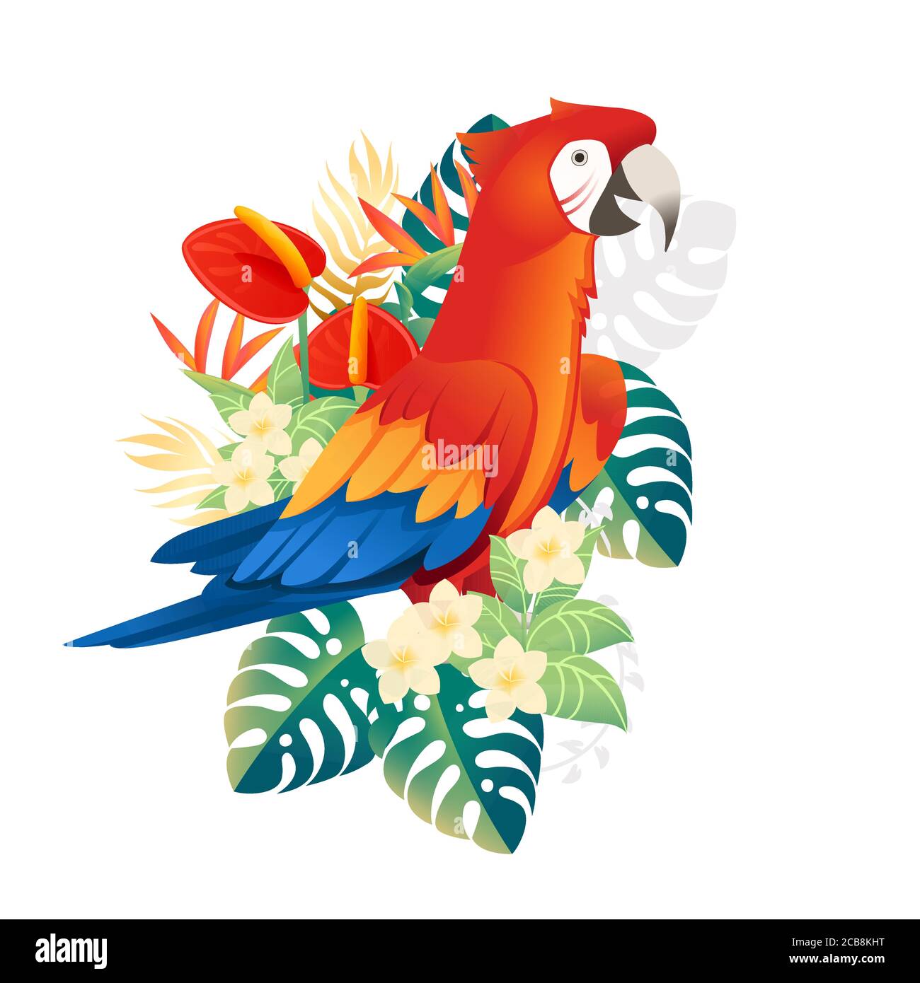 Le joli perroquet Macaw est orné de feuilles vertes et de fleurs rouges tête dessin animé animal dessin plat vecteur illustration isolée sur blanc arrière-plan Illustration de Vecteur