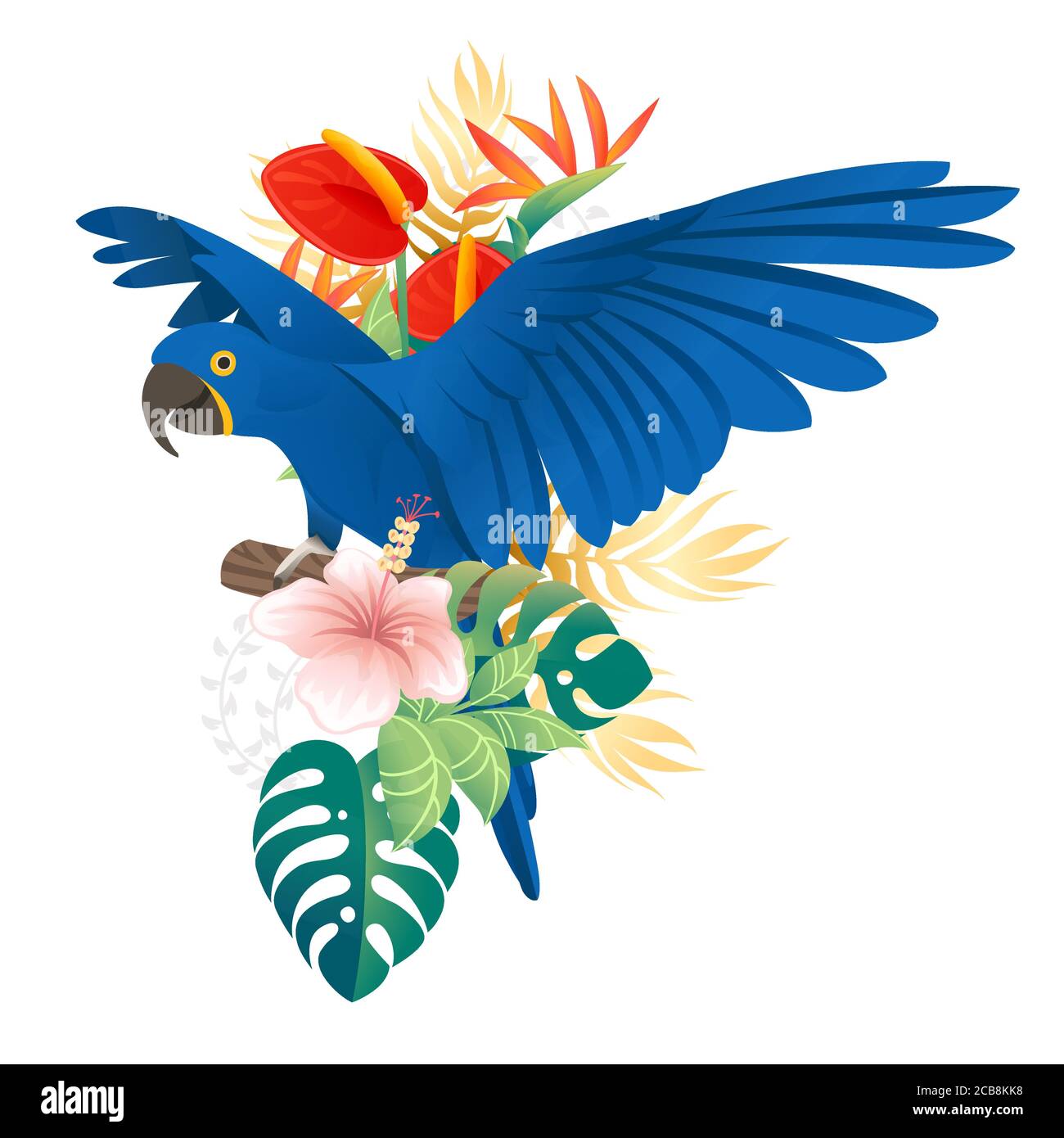 Le joli perroquet Macaw est orné de feuilles vertes et de fleurs rouges tête dessin animé animal dessin plat vecteur illustration isolée sur blanc arrière-plan Illustration de Vecteur