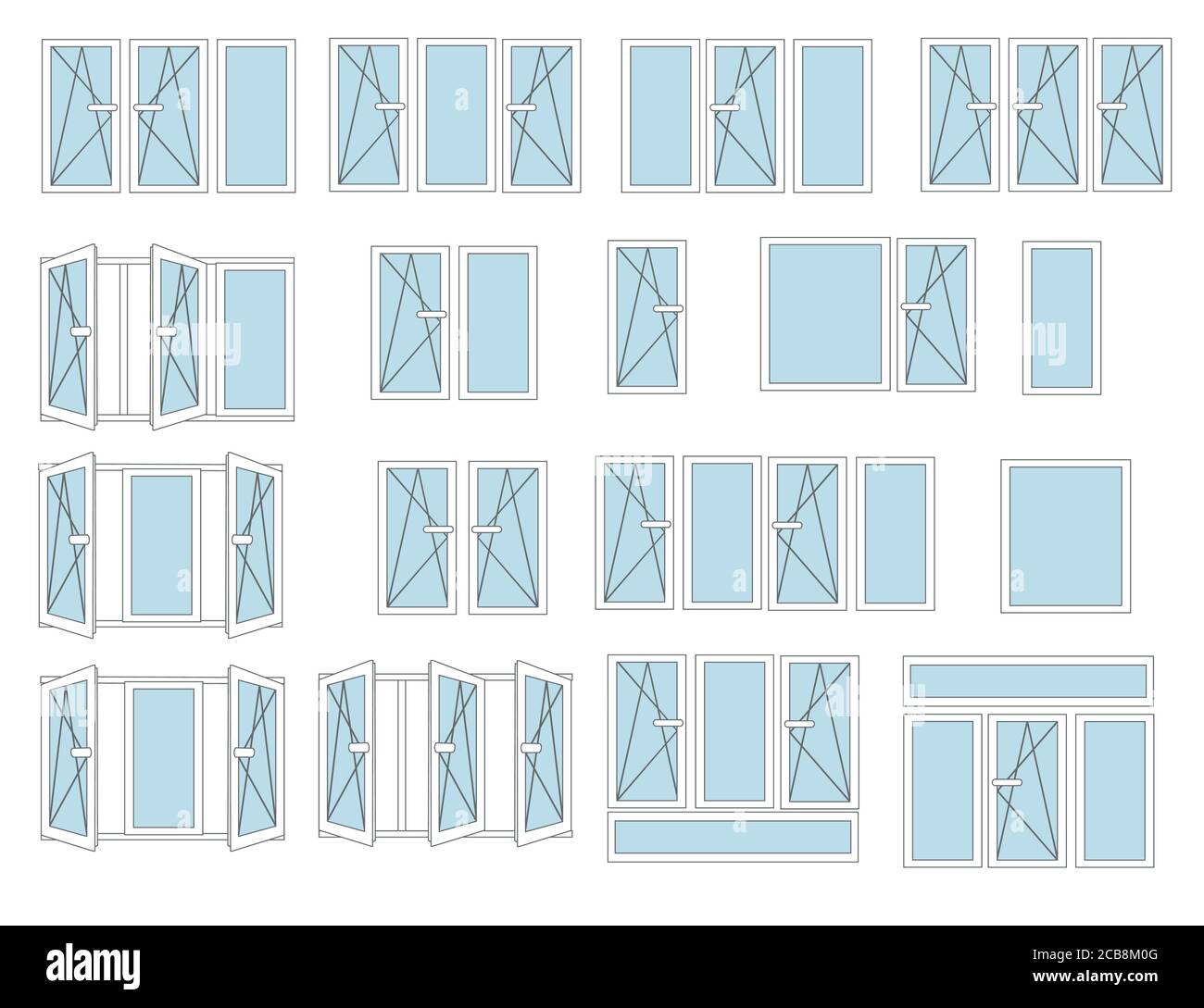 Ensemble de fenêtres plates en métal et en plastique de couleur blanche et ouverture fermée illustration vectorielle plate de schéma isolée sur fond blanc Illustration de Vecteur