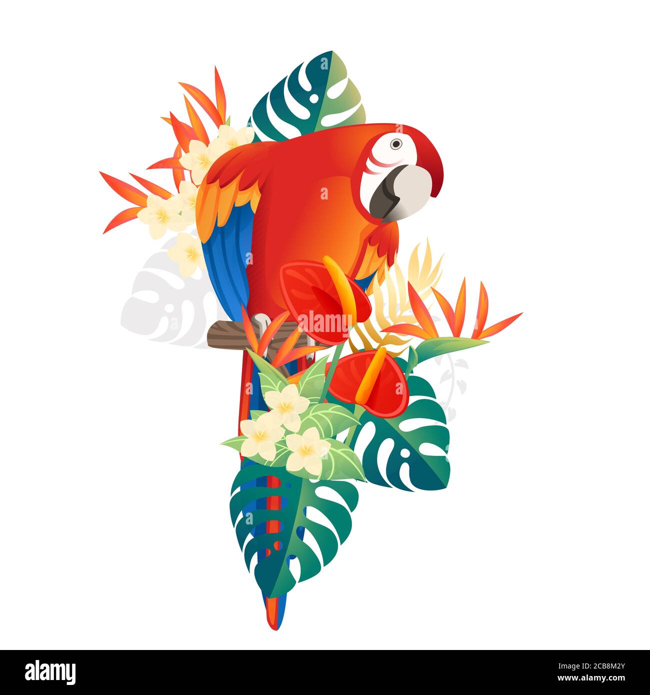 Le joli perroquet Macaw est orné de feuilles vertes et de fleurs rouges tête dessin animé animal dessin plat vecteur illustration isolée sur blanc arrière-plan Illustration de Vecteur