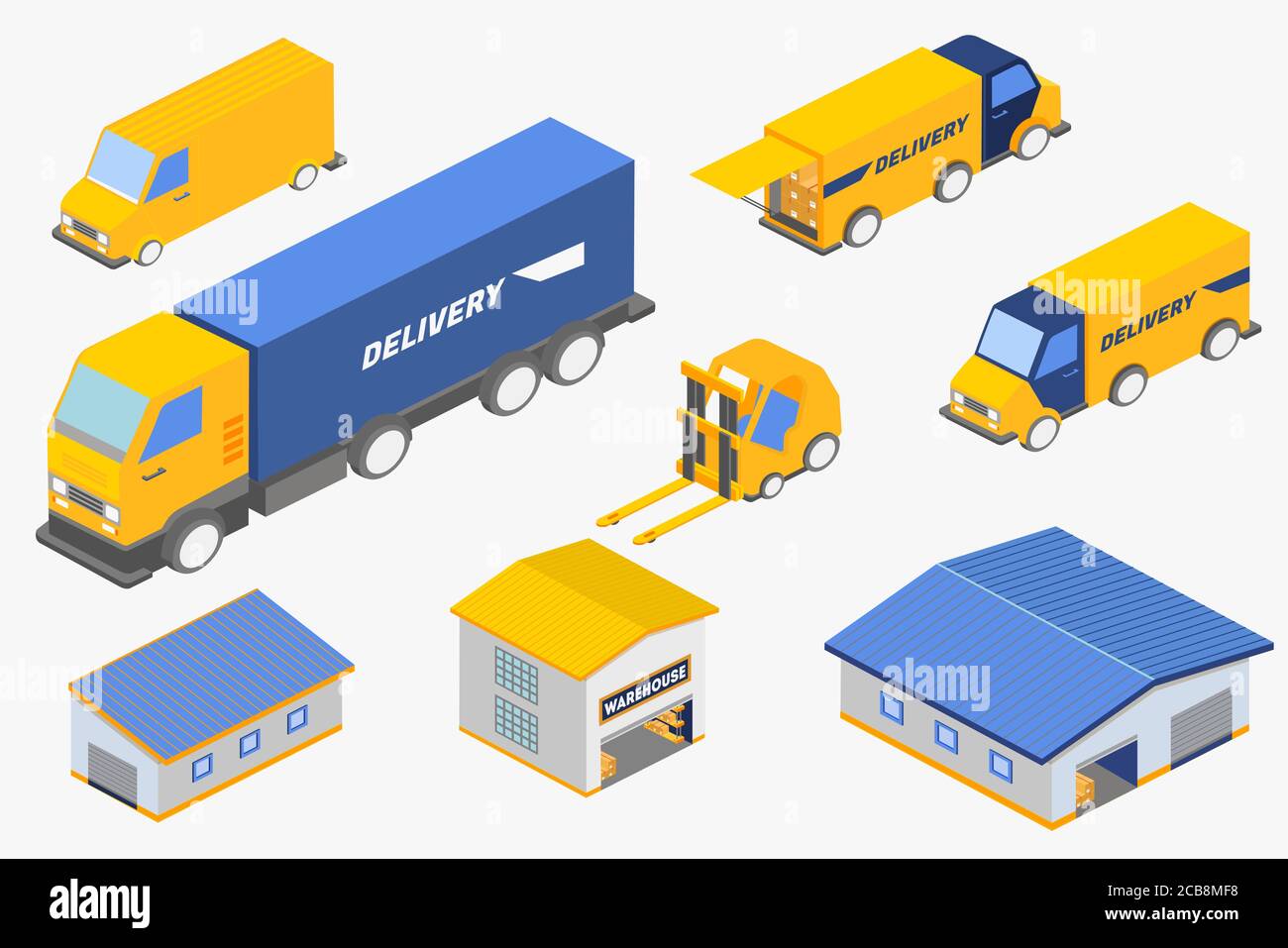 Ensemble d'illustrations vectorielles isométriques de divers véhicules de service de livraison et des entrepôts Illustration de Vecteur