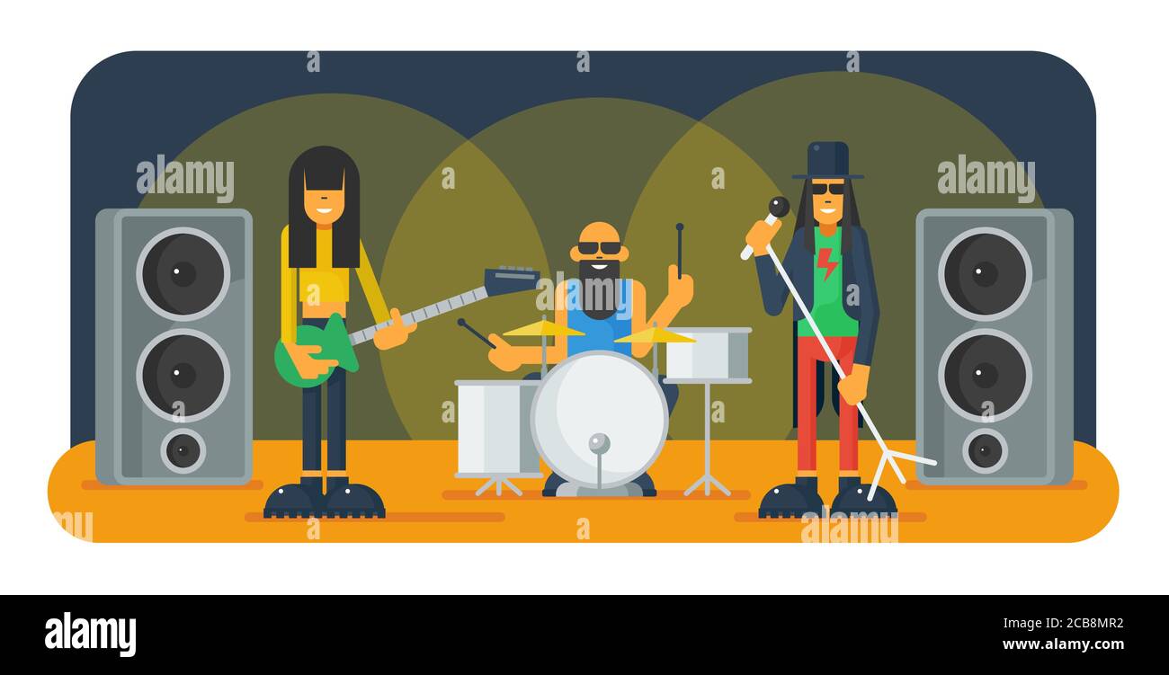 Illustration du vecteur plat Rock band. Guitariste, chanteur et batteur sur scène personnages de dessin animé. Groupe de musique en fête. Musiciens, chantant sur scène. Concert Rock-n-roll Illustration de Vecteur