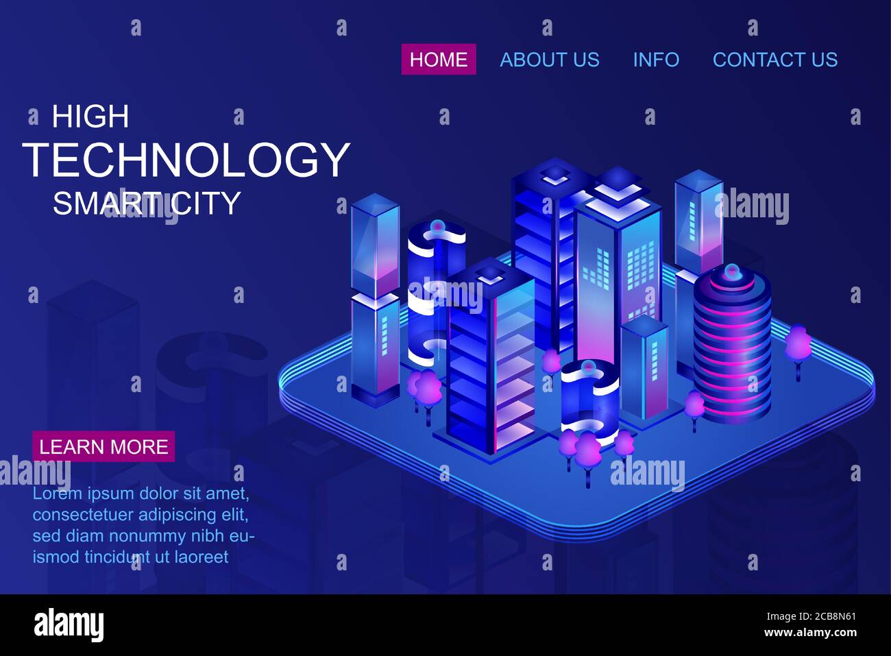 Ville intelligente avec gratte-ciel du centre d'affaires. Illustration isométrique. Bâtiments intelligents. Modèle de réseau de blockchain d'ordinateur. Illustration du vecteur de concept de l'Internet des objets. Illustration de Vecteur