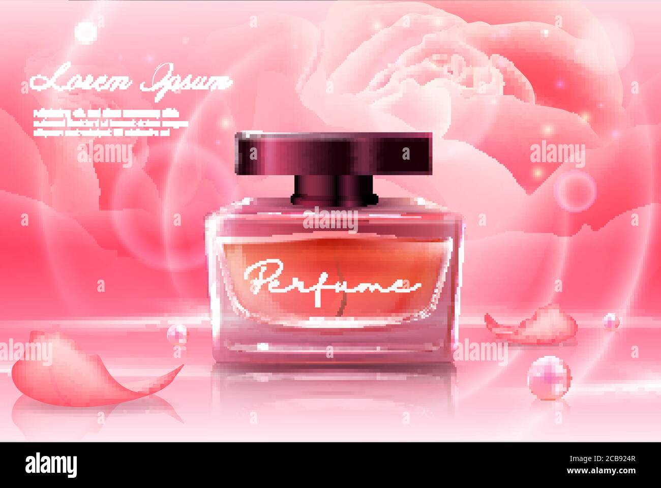 Parfum en rose rose verre cosmétique bouteille avec couvercle foncé maquette réaliste illustration vectorielle. Élégant fond rose cristal, pétales de fleurs sur la surface. Modèle pour affiche, concept, composition Illustration de Vecteur