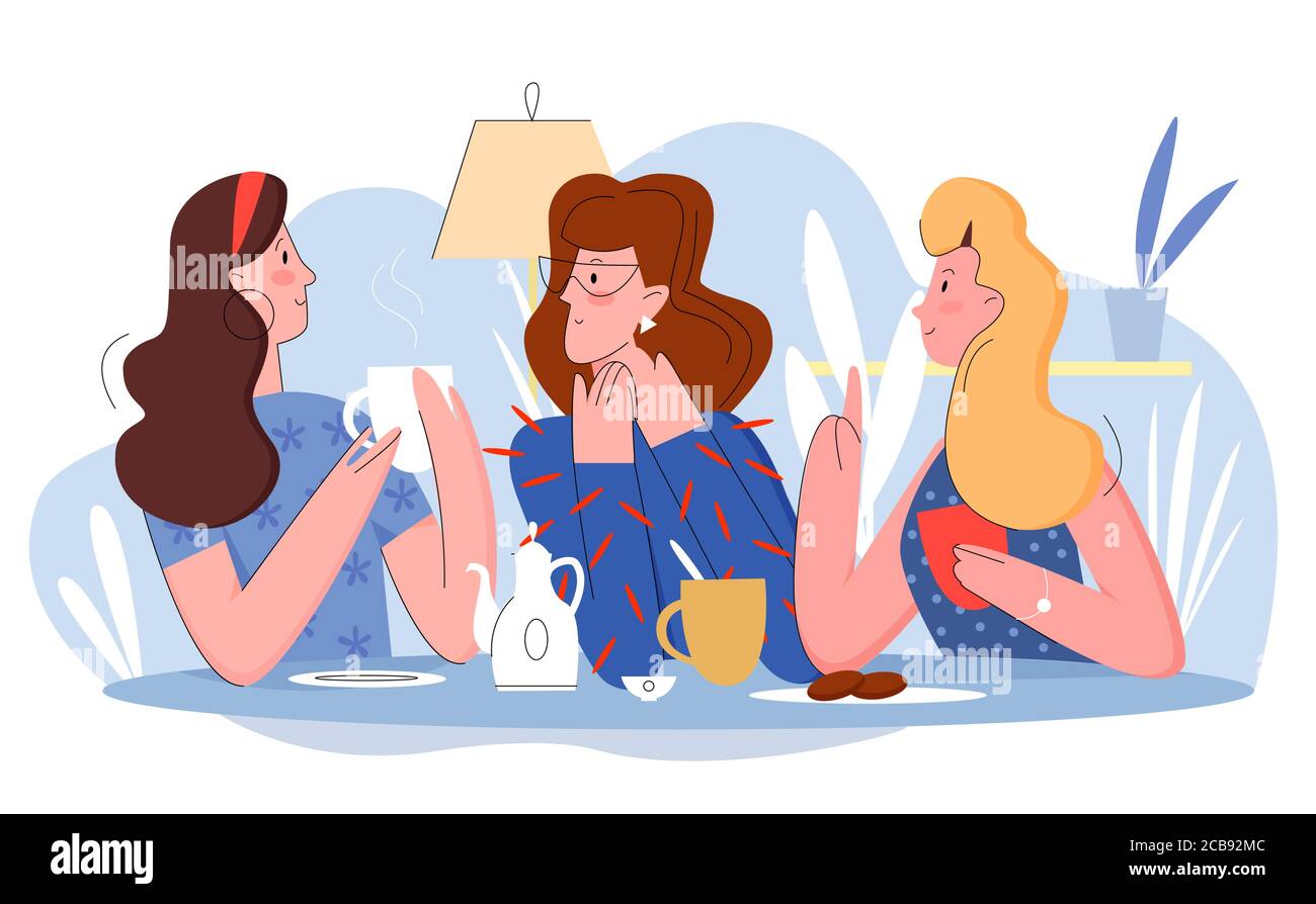 Trois jolies femmes en café plat caractère vecteur illustration concept. Intéressante conversation animée avec tasse de thé ou café, attention à l'ami, comique belles personnes partie de poule Illustration de Vecteur