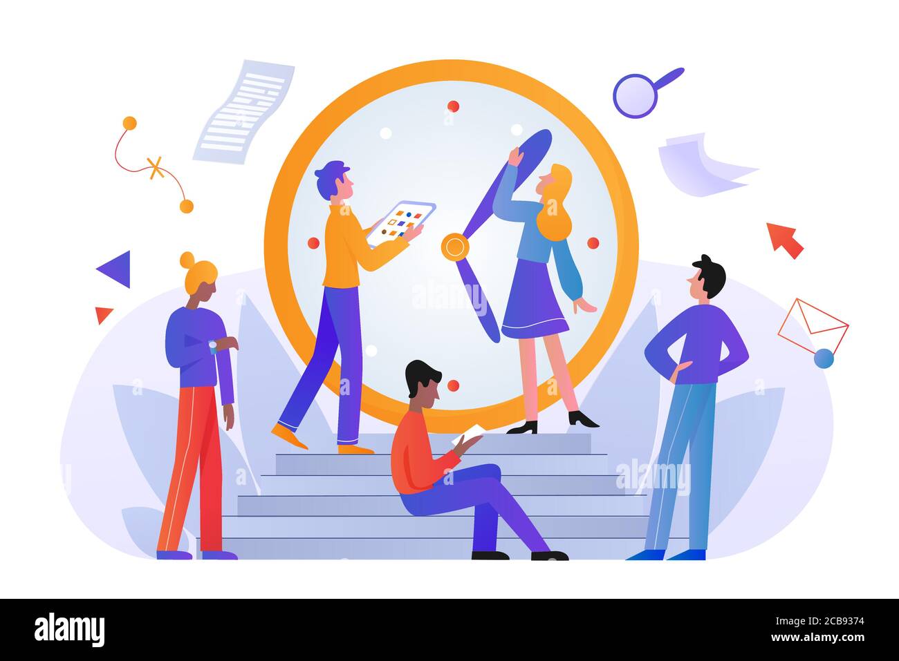 Gestion du temps pour la planification et le contrôle de la vie concept illustration de vecteur plat. Gestion des horaires, organisation des flux de travail. Planification efficace du travail, contrôle de l'entreprise, temps de travail efficace Illustration de Vecteur