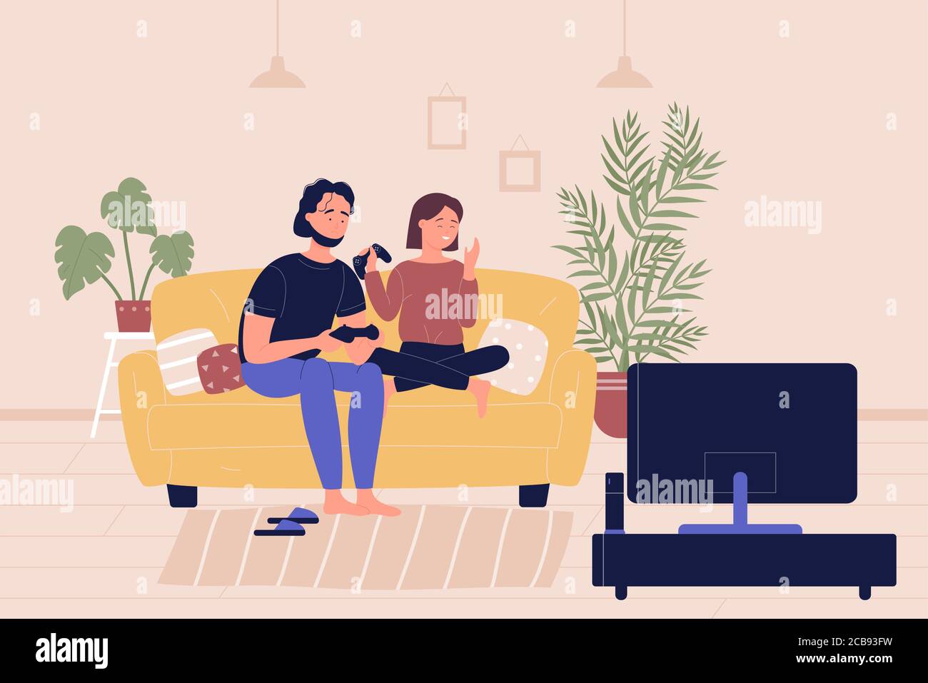 Un jeune couple familial assis sur un canapé jouant sur une console de jeu à la télévision, jeux vidéo dans la salle de séjour. Loisirs à la maison temps libre, les gens se reposant et passant du temps ensemble dessin animé vecteur plat illustration Illustration de Vecteur