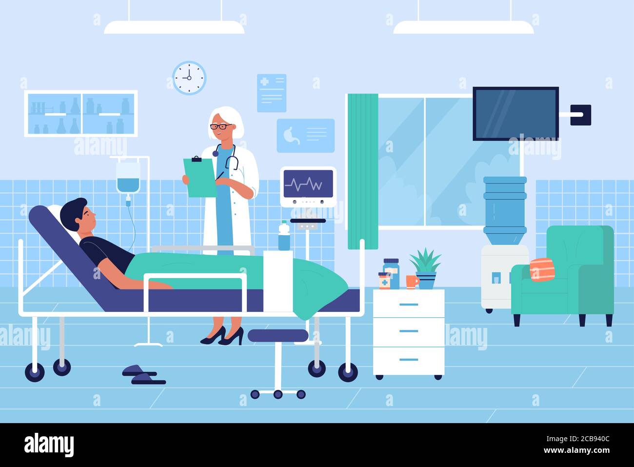 Le médecin visite le patient dans l'hôpital, illustration du vecteur de caractère plat. Intérieur détaillé clinique moderne, grande salle de lumière, lit confortable et équipement médical. Salle de thérapie intensive de l'hôpital. Illustration de Vecteur