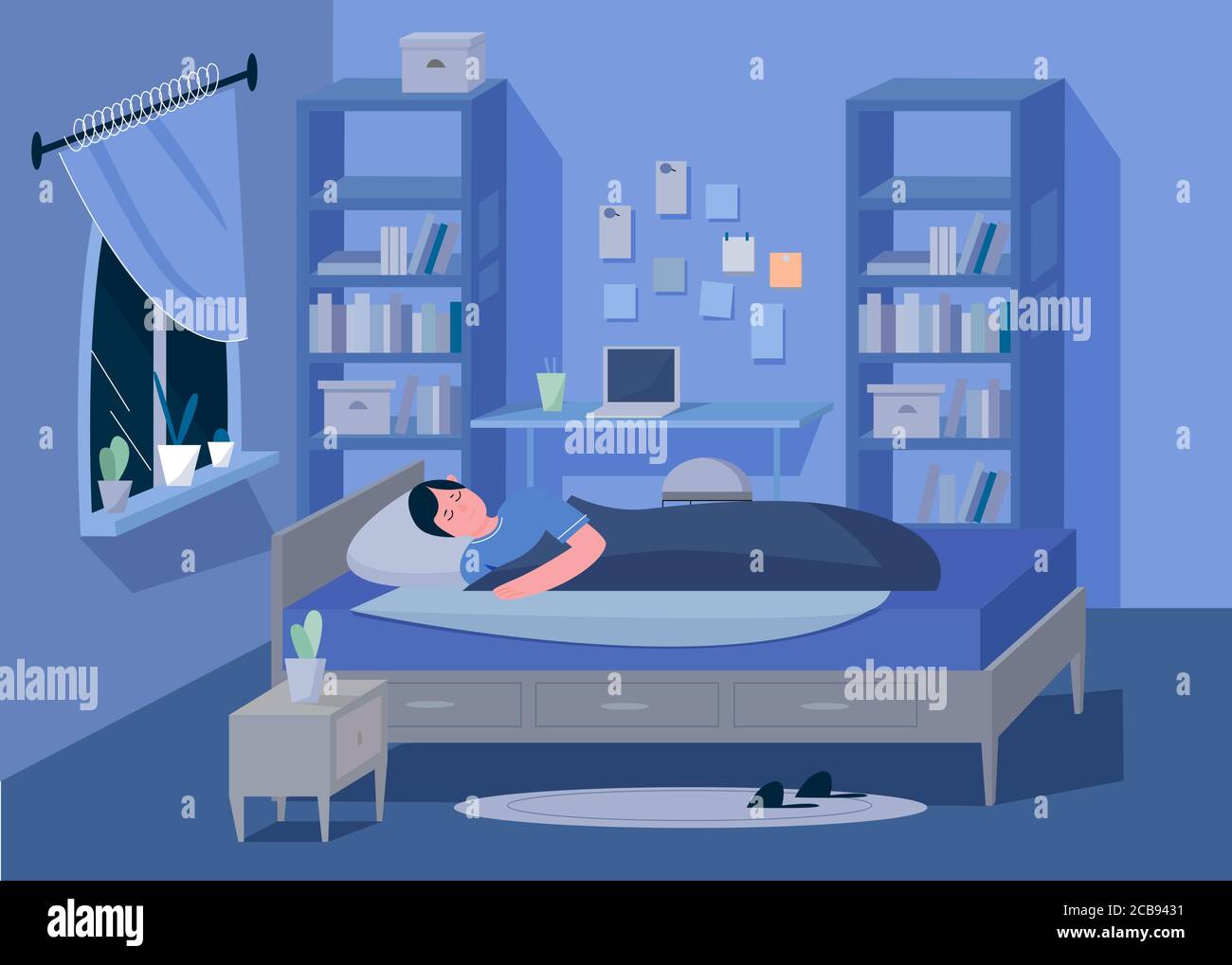 Homme adolescent dans la chambre à coucher à la nuit personnage plat vecteur illustration concept. Intérieur confortable avec lit, table de nuit, lampe, étagères, livres, ordinateur portable, table, rideaux Illustration de Vecteur