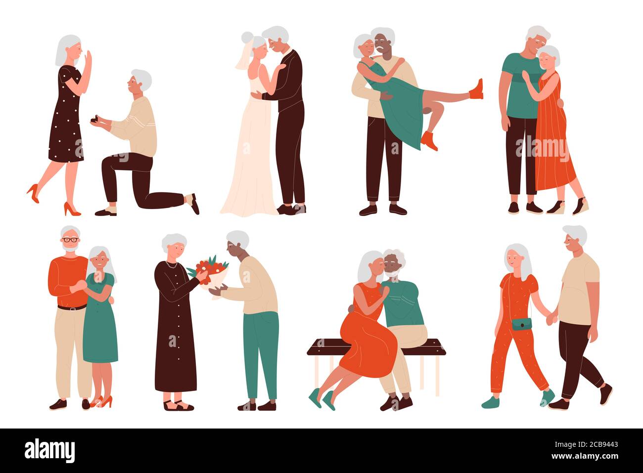 Jeu d'illustrations vectorielles plates de personnages Happy Loving couples âgés. Les hommes et les femmes seniors se réunissent, proposition de mariage, mariage, assis dans un hug sur le banc, marchant main dans la main Illustration de Vecteur