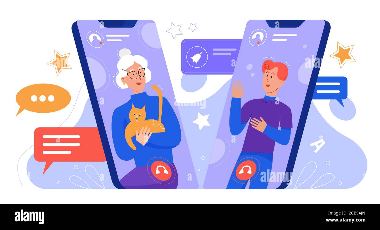 Deux personnes communiquent par les smartphones concept illustration vectorielle créative plate. Les appels vidéo à distance, le fils et la mère sur les écrans des appareils, se soucient mutuellement de la conversation. Illustration de Vecteur