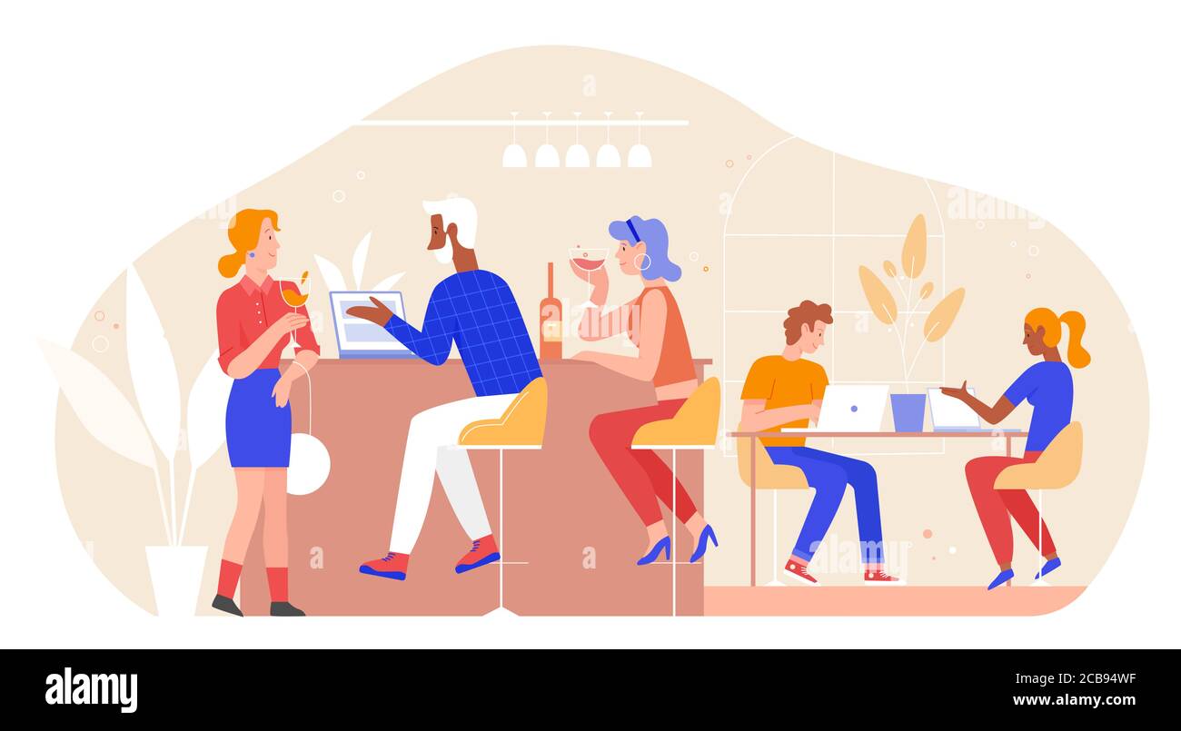 Personnes dans l'illustration du vecteur de barre. Dessin animé plat adulte homme femme groupe d'amis personnages se rencontrent dans le bar ou l'intérieur du restaurant pour la conversation, boire du vin, travailler sur ordinateur portable ensemble dans une réunion amicale Illustration de Vecteur