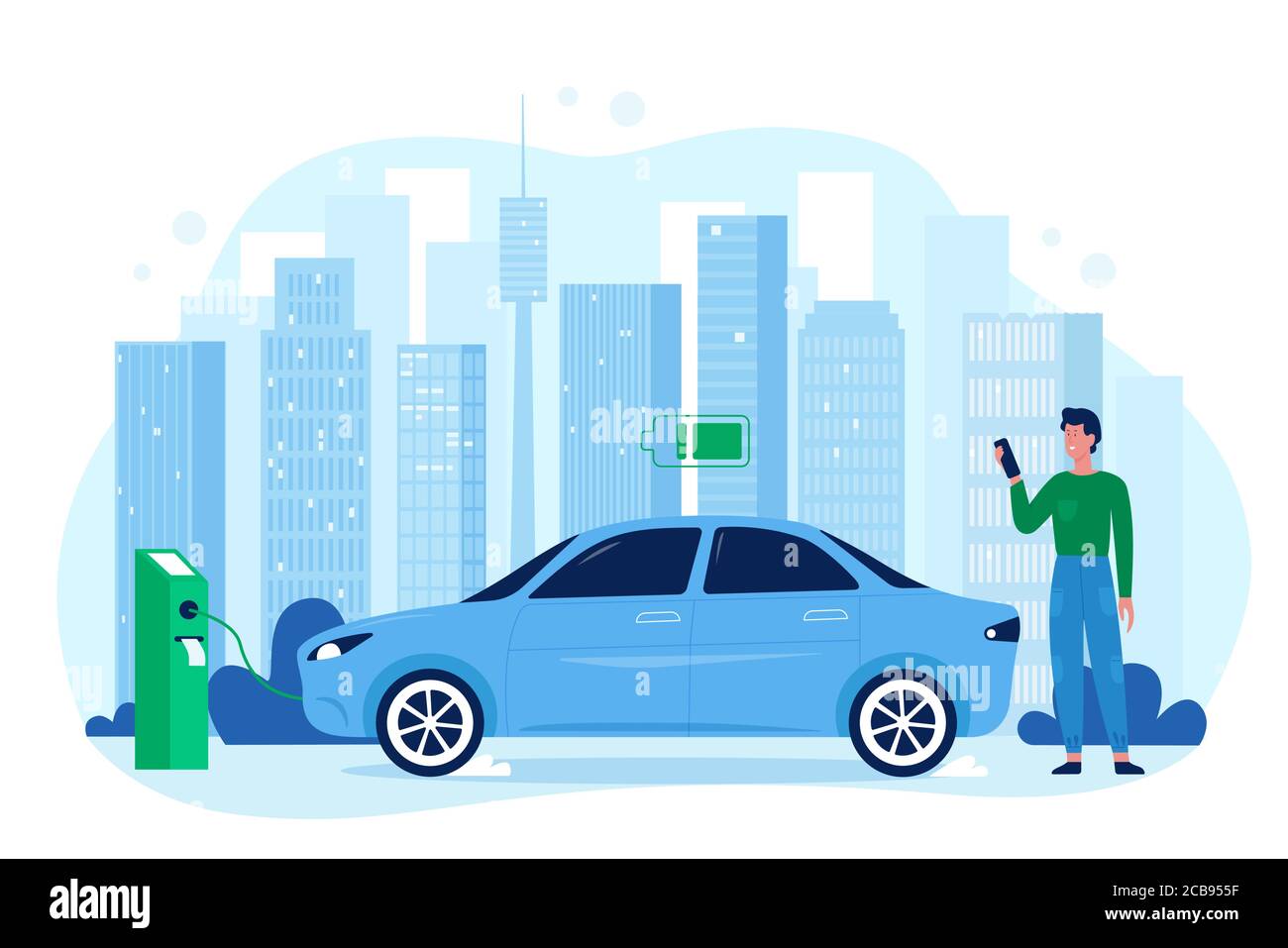 Illustration moderne du vecteur automobile électrique éco. Dessin animé plat Happy man personnage de conducteur debout dans la station de charge, charge de la batterie de voiture de véhicule, technologie de sauvegarde écologique isolée sur blanc Illustration de Vecteur