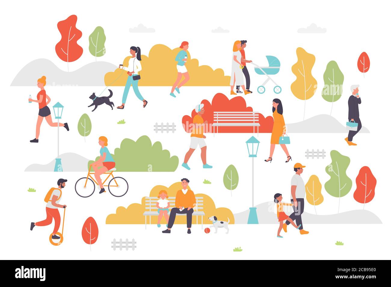 Illustrations vectorielles pour les personnes actives dans les parcs d'été. Dessin animé couple plat personnages ou famille avec enfant marchant à vélo, assis sur le banc, jouer et jogging. Activité extérieure dans le parc de la ville, isolée sur blanc Illustration de Vecteur