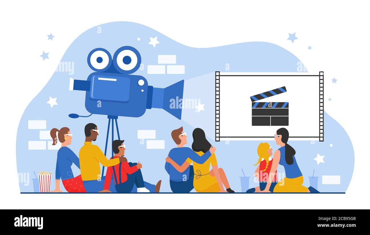 Personnes assis dans un cinéma ou une salle de cinéma illustration vectorielle. Des personnages de famille, de couple ou d'amis qui regardent des films cinématographiques ensemble. Présentation cinématographique publique isolée sur blanc Illustration de Vecteur