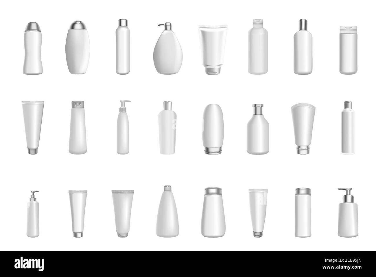Cosmétique 3D vectorielle réaliste produit emballage de bouteilles modèles vides maquette de récipients cosmétiques en plastique blanc tendre. Vaporisateurs, crème, soupes, mousses, shampoing, distributeur Illustration de Vecteur