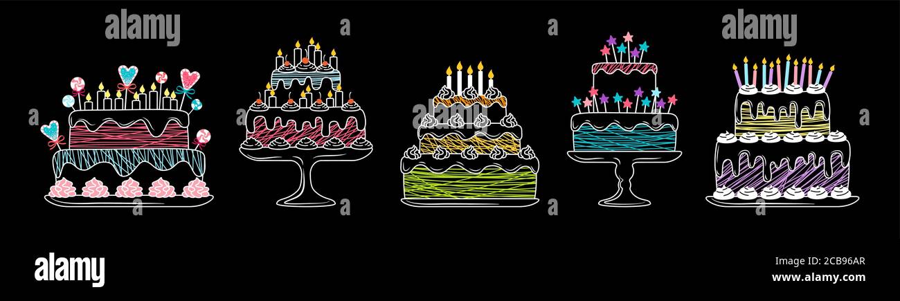 Ensemble linéaire de gâteaux d'anniversaire. Dessin animé craie ligne graphique délicieux dessert. Gâteau de fête, bougies et tranches de chocolat, bonbons à la crème. Illustration vectorielle isolée sur fond noir Illustration de Vecteur
