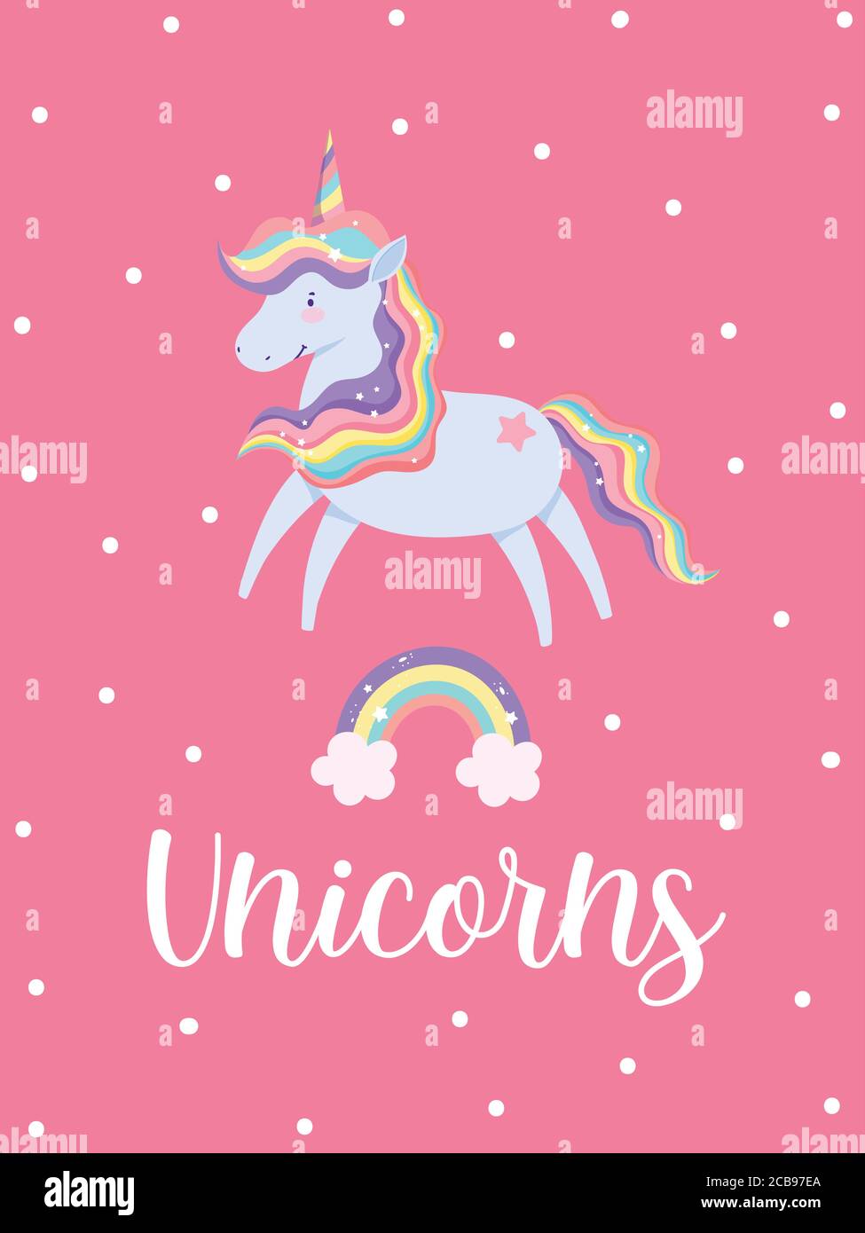 Mignon Unicorn Dessin Anime Cheveux Arc En Ciel Queue Nuages Carte Magique Vecteur Illustration Image Vectorielle Stock Alamy