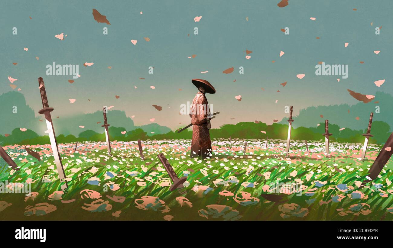 samouraï debout parmi les épées impalées sur le sol dans les champs de fleurs, style d'art numérique, peinture d'illustration Banque D'Images