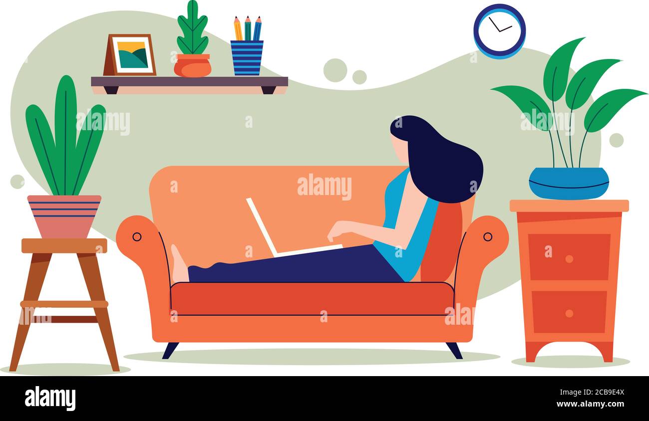 La jeune femme est assise avec un ordinateur portable sur le canapé à la maison. Travailler sur un ordinateur. Freelance, enseignement en ligne ou concept de médias sociaux. Illustration de Vecteur