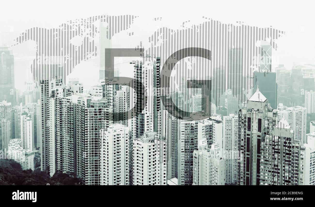 Concept mobile Internet réseau sans fil 5G. Horizon urbain moderne. Communications mondiales Banque D'Images