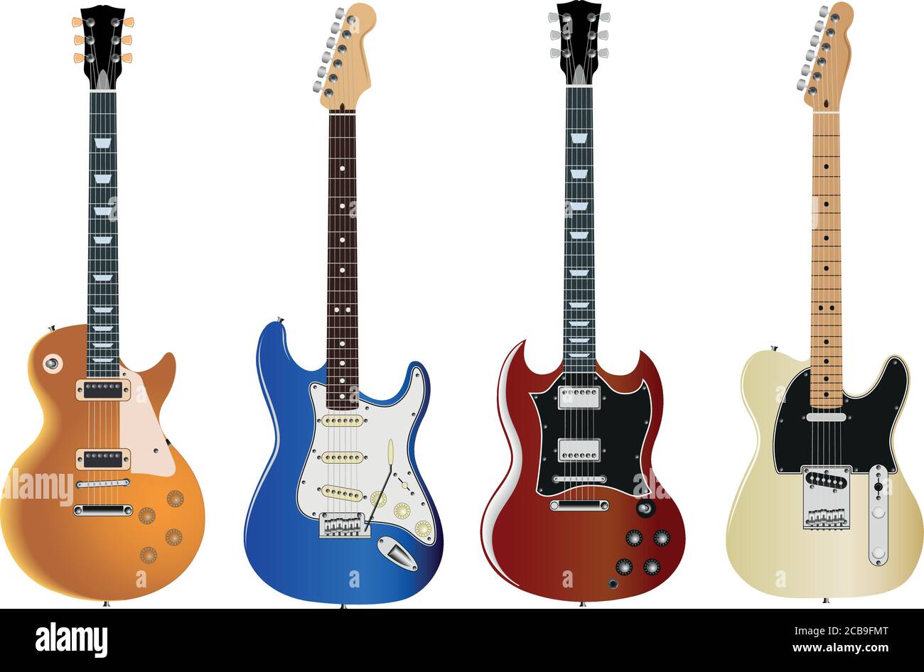 jeu de quatre guitares électriques sur fond blanc Illustration de Vecteur