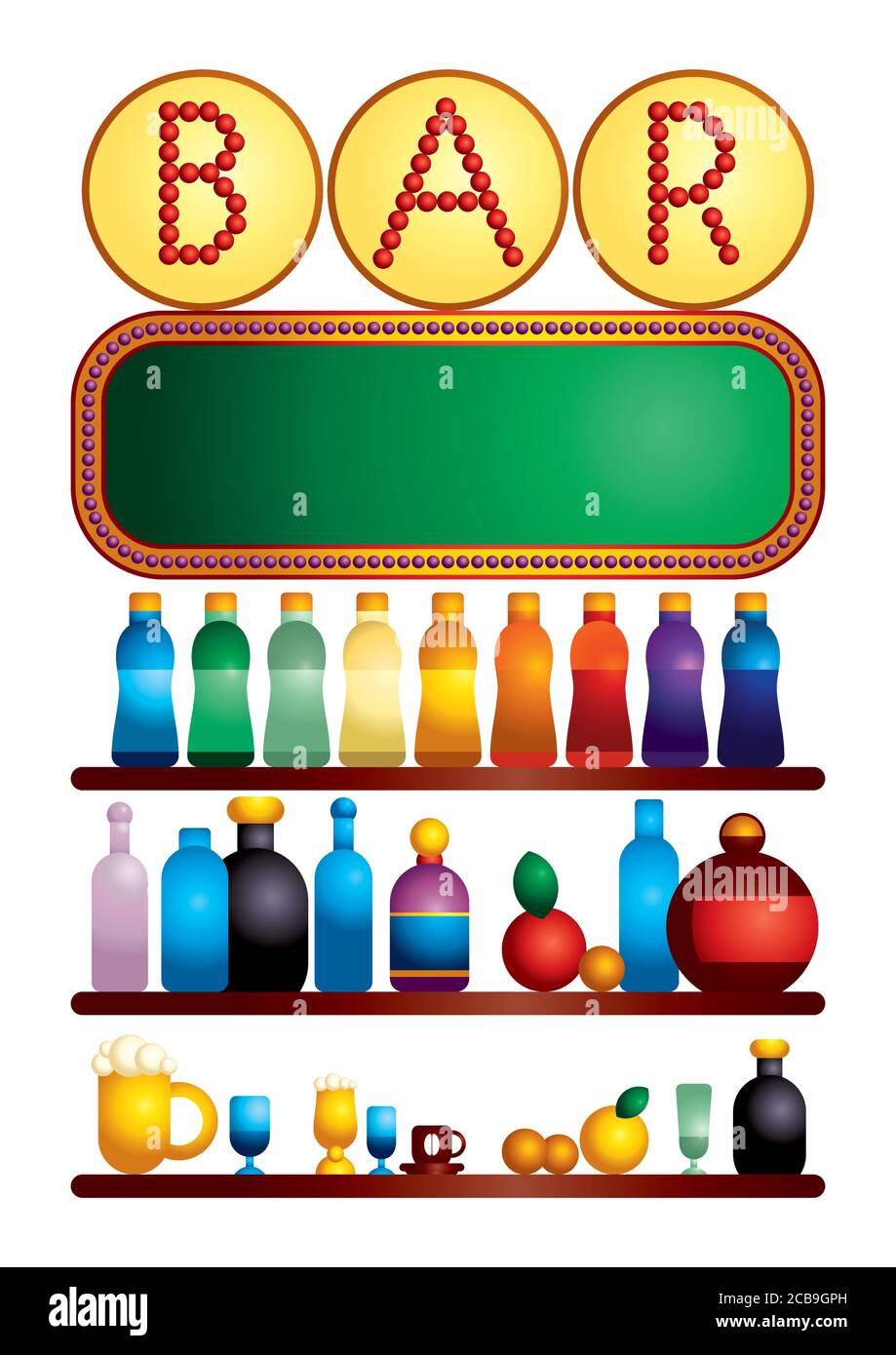 Comptoir avec bouteilles d'alcool. Établissement de boissons. Grand ensemble de bouteilles pour boissons alcoolisées Illustration de Vecteur