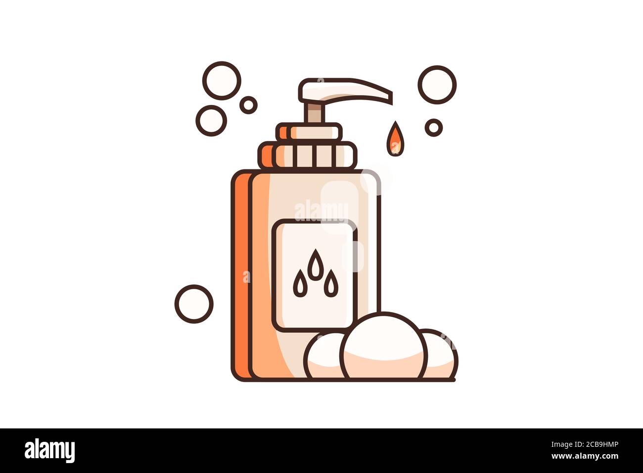 Savon liquide avec mousse et bulles de style plat. Illustration de Vecteur