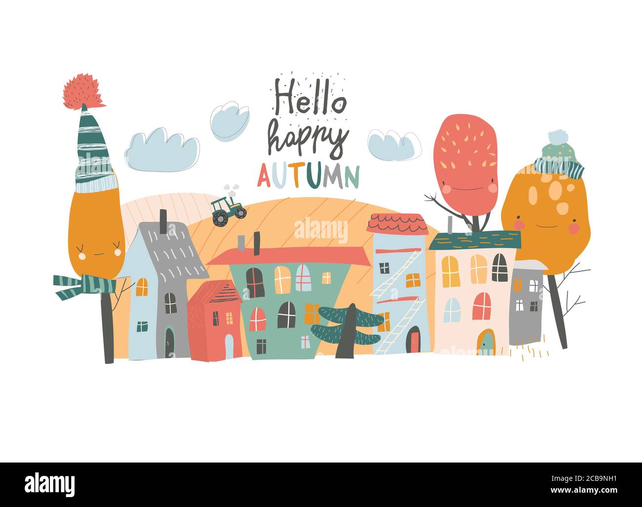 Jolie petite ville avec arbres automnaux dans un style de dessin animé Illustration de Vecteur