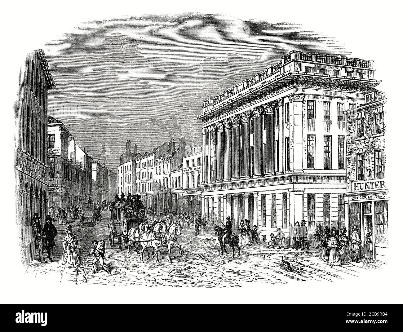 Une ancienne gravure d'une scène de rue animée sur Pilgrim Street et The Royal Arcade (au centre à droite) sur Pilgrim Street, Newcastle upon Tyne (communément connu sous le nom de Newcastle), Tyne and Wear, Angleterre, Royaume-Uni pendant l'ère victorienne. Il a été conçu par John Dobson et complété en 1832 par Richard Grainger. Il était initialement prévu comme un échange de maïs, mais a ensuite changé pour l'utilisation comme un centre commercial et commercial. Il a été démoli en 1963 pour faire place à l'autoroute centrale et à Swan House. Banque D'Images