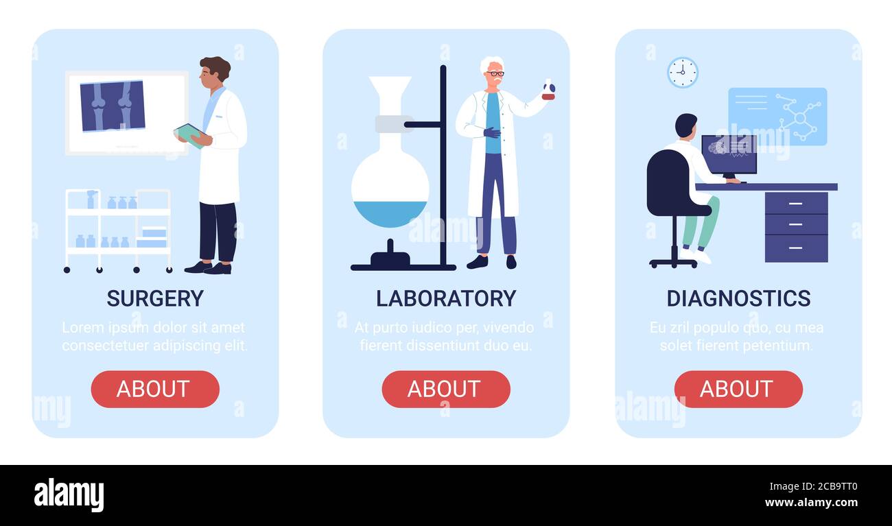 Jeu d'illustrations vectorielles du service hospitalier. Bande dessinée plate verticale mobile application bannières de site Web, conception d'interface d'écran avec la recherche de laboratoire médical, diagnostic de laboratoire, traumatologie chirurgie médecine Illustration de Vecteur