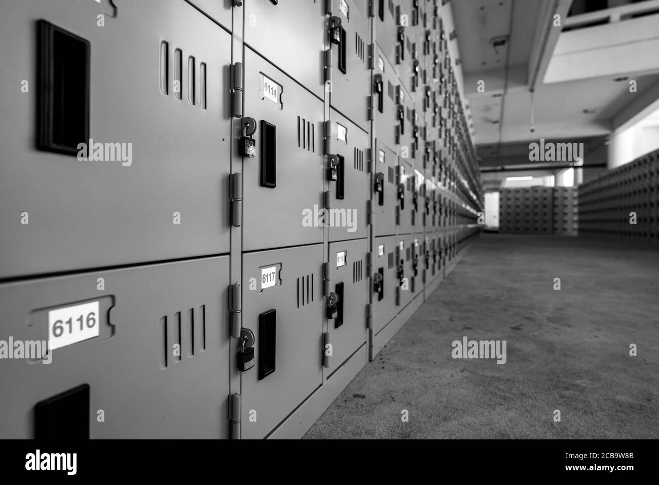 Vue en perspective du casier avec serrure et étiquettes blanches numérotées dans le vestiaire. Casier pour le stockage de sécurité. Rangée de casiers avec porte verrouillée b Banque D'Images