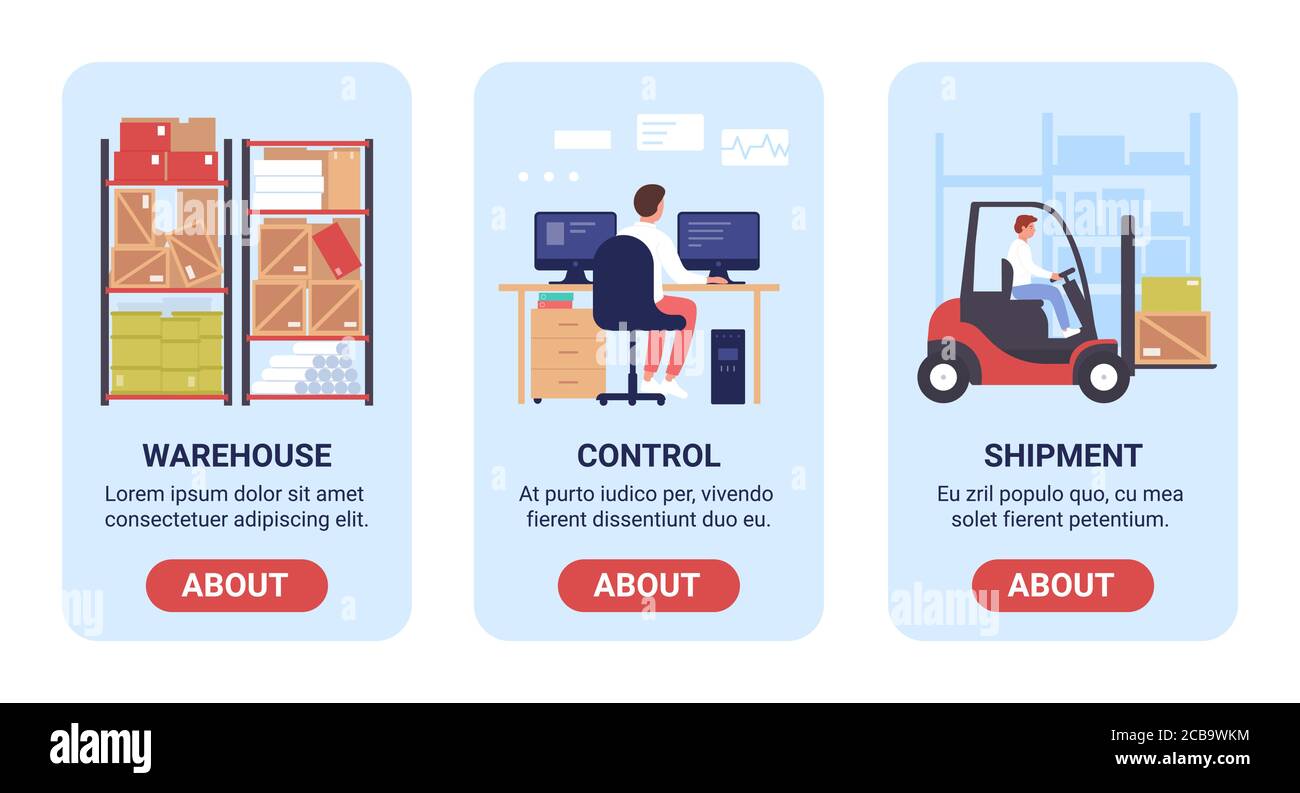 Ensemble de bannières d'illustration de scénario de travail d'entrepôt. Application mobile à plat de dessin animé pour le site Web de l'entreprise d'entreposage, conception d'interface d'écran avec stockage, contrôle des processus de chargement et de distribution Illustration de Vecteur