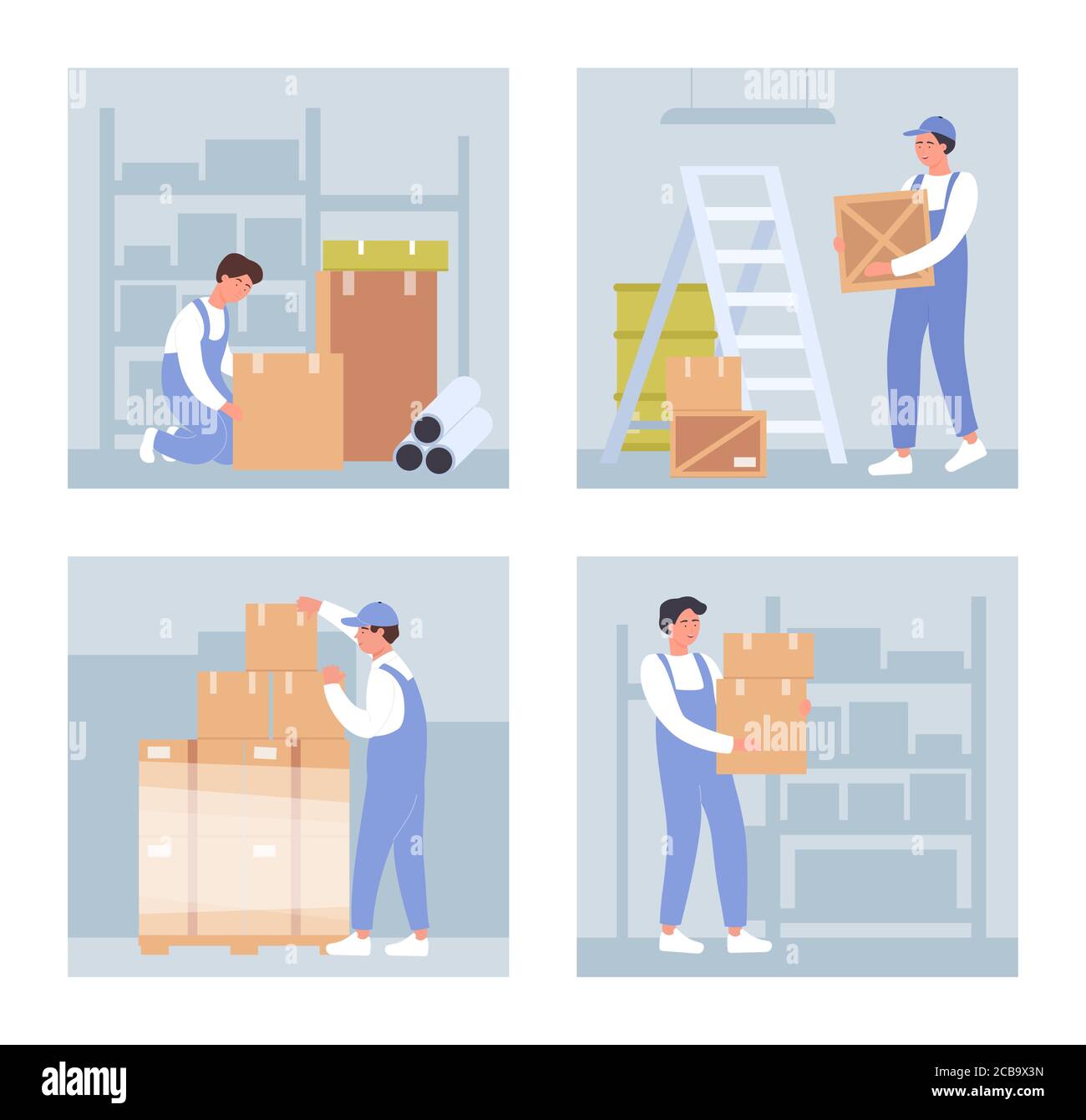 Illustrations vectorielles des employés d'entrepôt. Caricature personnel d'entreposage à plat personnes tenant des boîtes, empilant des boîtes et des emballages en palette, travaillant sur l'emballage des marchandises dans magasin de gros isolé sur blanc Illustration de Vecteur