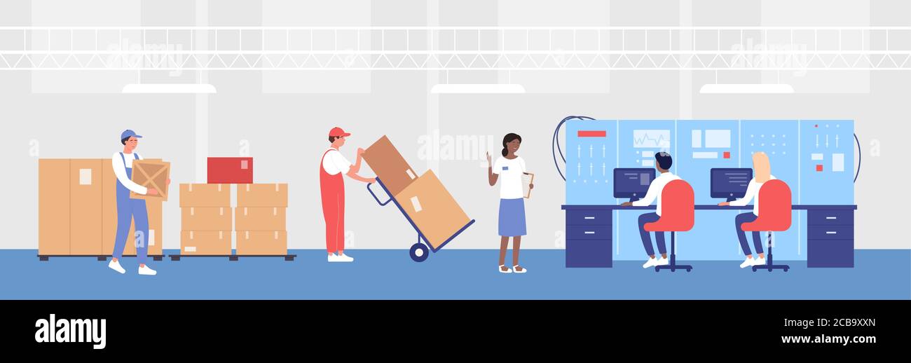 Illustration du vecteur de processus de contrôle d'entrepôt. Personnages d'opérateurs de dessins animés assis sur des ordinateurs, contrôlant le travail d'exploitation de magasin, le chargement et la distribution de boîtes avec des marchandises de fond Illustration de Vecteur