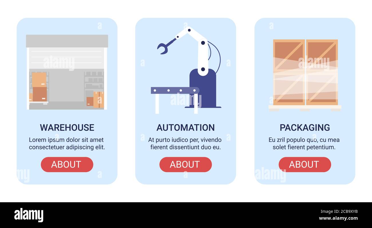 Ensemble de bannières d'illustrations vectorielles d'équipement dans l'entrepôt. Application mobile à plat de dessin animé pour la page Web de l'entreprise d'entreposage, conception d'application d'interface d'écran avec des appareils robotiques automatiques, outils d'emballage Illustration de Vecteur
