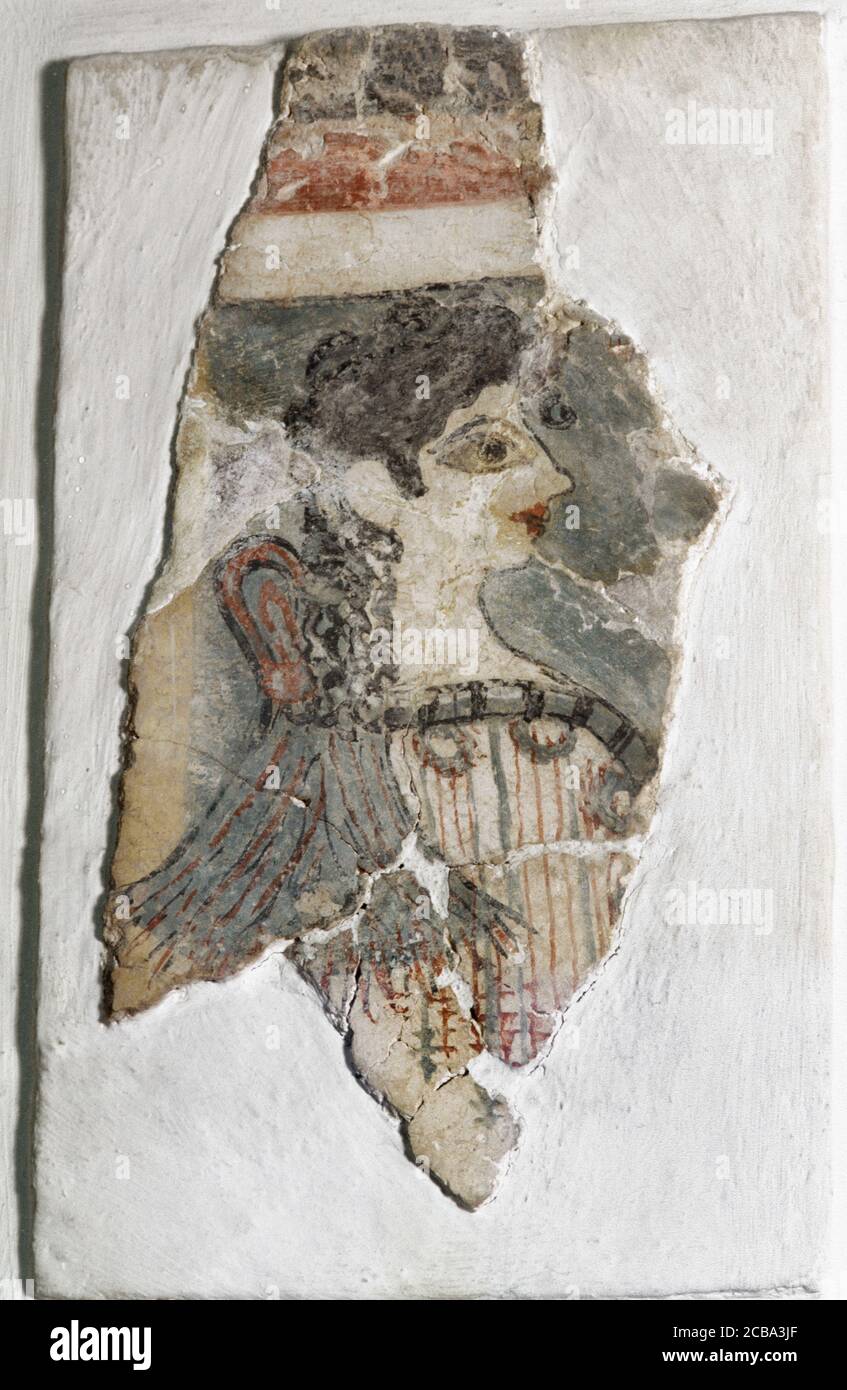 Civilisation minoenne. Fragment d'une fresque montrant une jeune femme, connue sous le nom de 'la parisienne'. 1350 C.-B. De la fresque Camp-selles, c. 1350 av. J.-C., aile ouest du palais à Knossos, Crète. Musée Archéologique d'Héraklion. Crète, Grèce. Banque D'Images