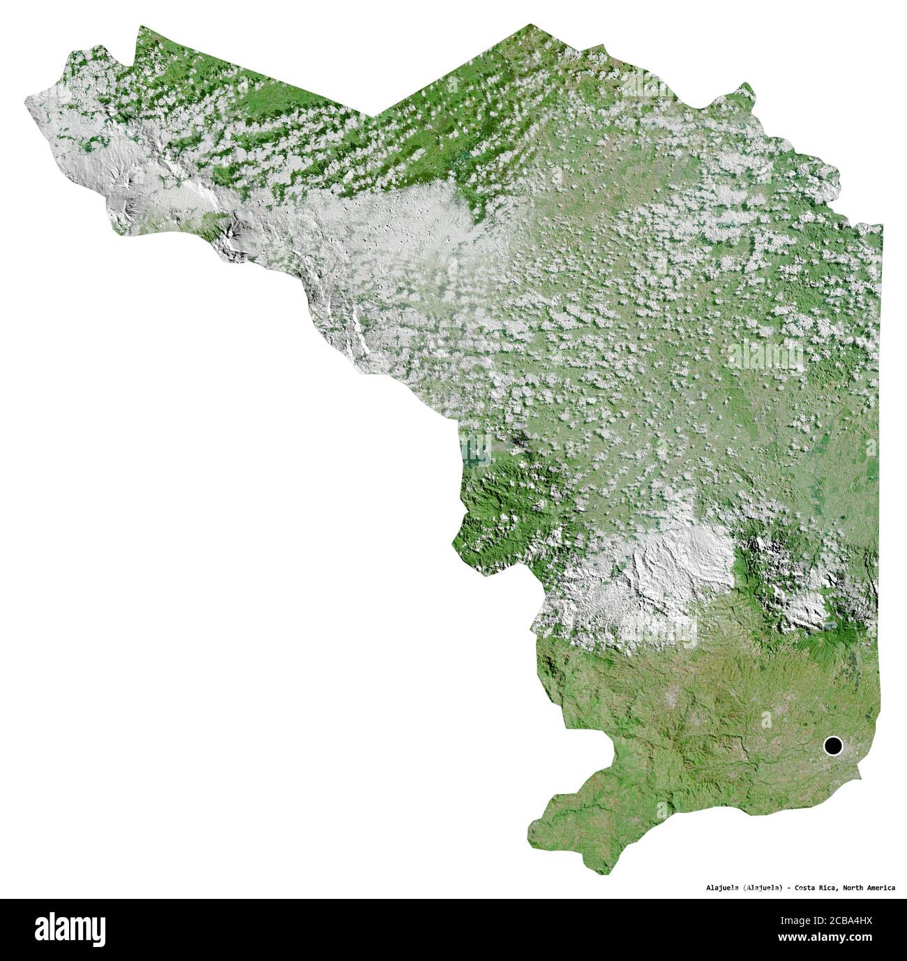 Forme d'Alajuela, province du Costa Rica, avec sa capitale isolée sur fond blanc. Imagerie satellite. Rendu 3D Banque D'Images