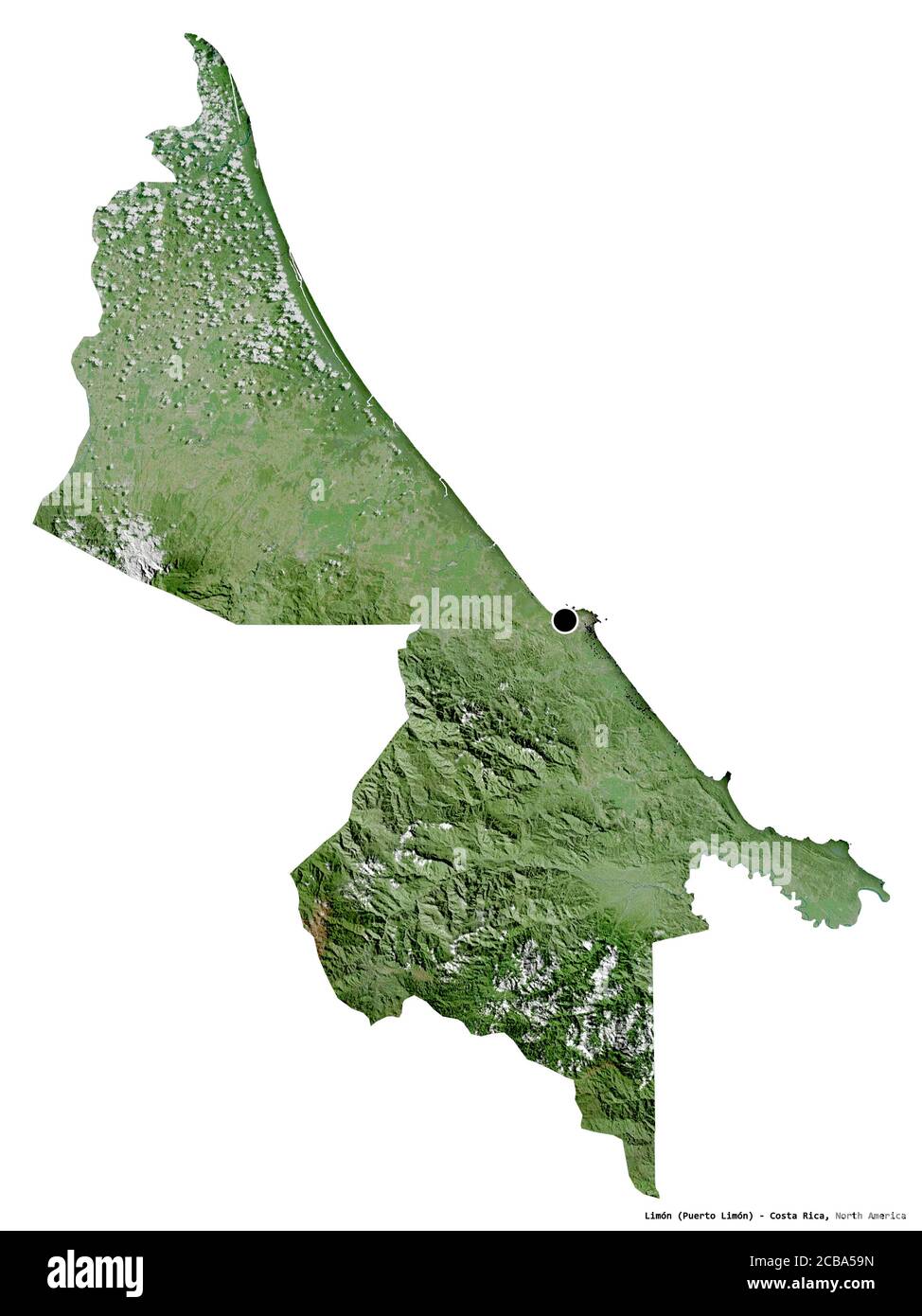 Forme de Limón, province du Costa Rica, avec sa capitale isolée sur fond blanc. Imagerie satellite. Rendu 3D Banque D'Images