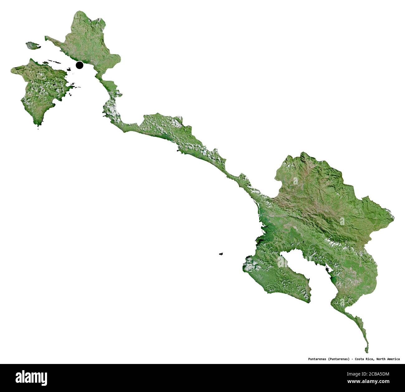 Forme de Puntarenas, province du Costa Rica, avec sa capitale isolée sur fond blanc. Imagerie satellite. Rendu 3D Banque D'Images