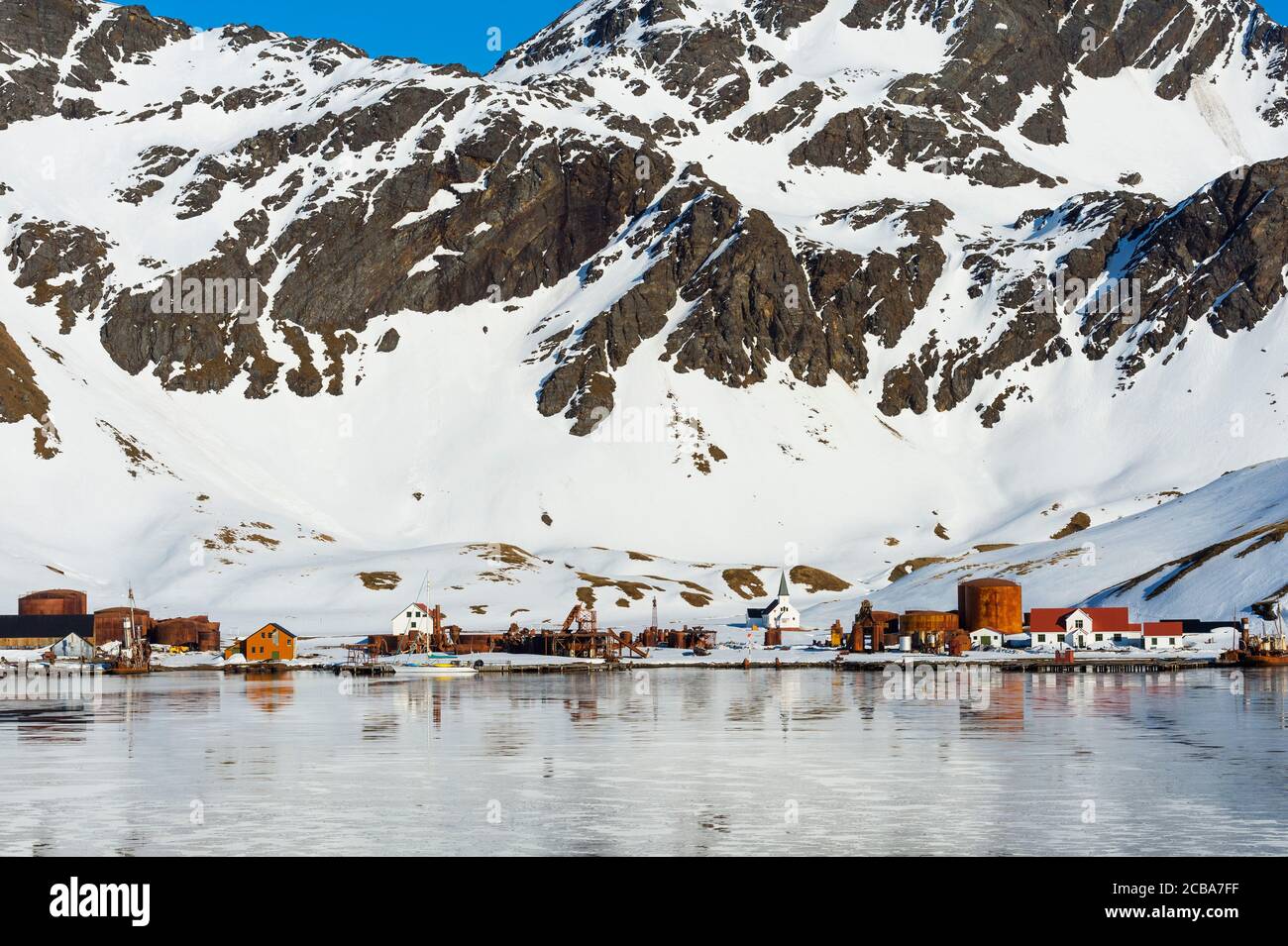 Ancienne station de chasse à la baleine de Grytviken, King Edward Cove, Géorgie du Sud, Géorgie du Sud et îles Sandwich, Antarctique Banque D'Images