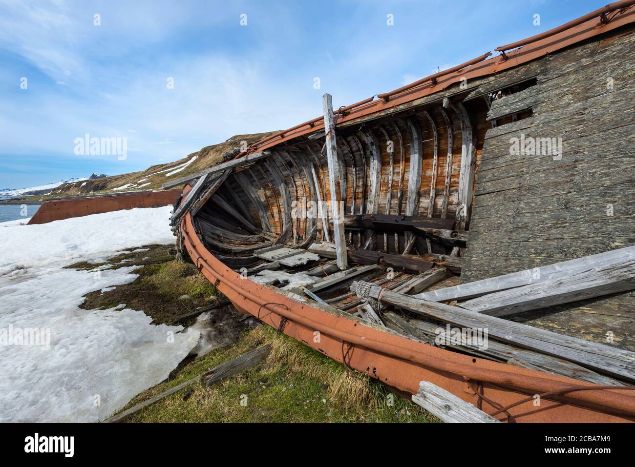 Épave de Whaleboat Wreck, ancienne station de chasse à la baleine de Grytviken, King Edward Cove, Géorgie du Sud, Géorgie du Sud et îles Sandwich, Antarctique Banque D'Images