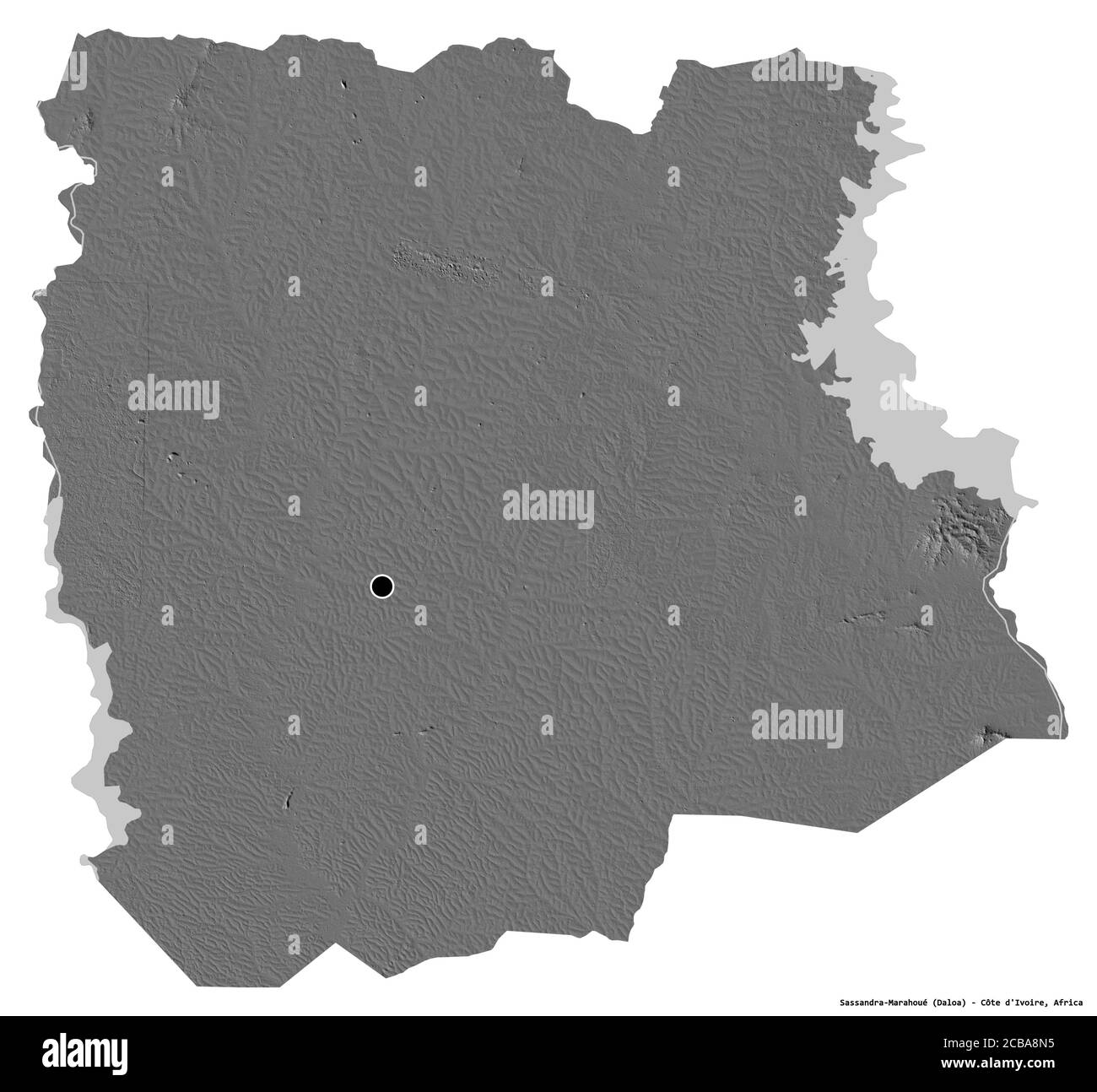 Forme de Sassandra-Marahoué, district de Côte d'Ivoire, avec sa capitale isolée sur fond blanc. Carte d'élévation à deux niveaux. Rendu 3D Banque D'Images