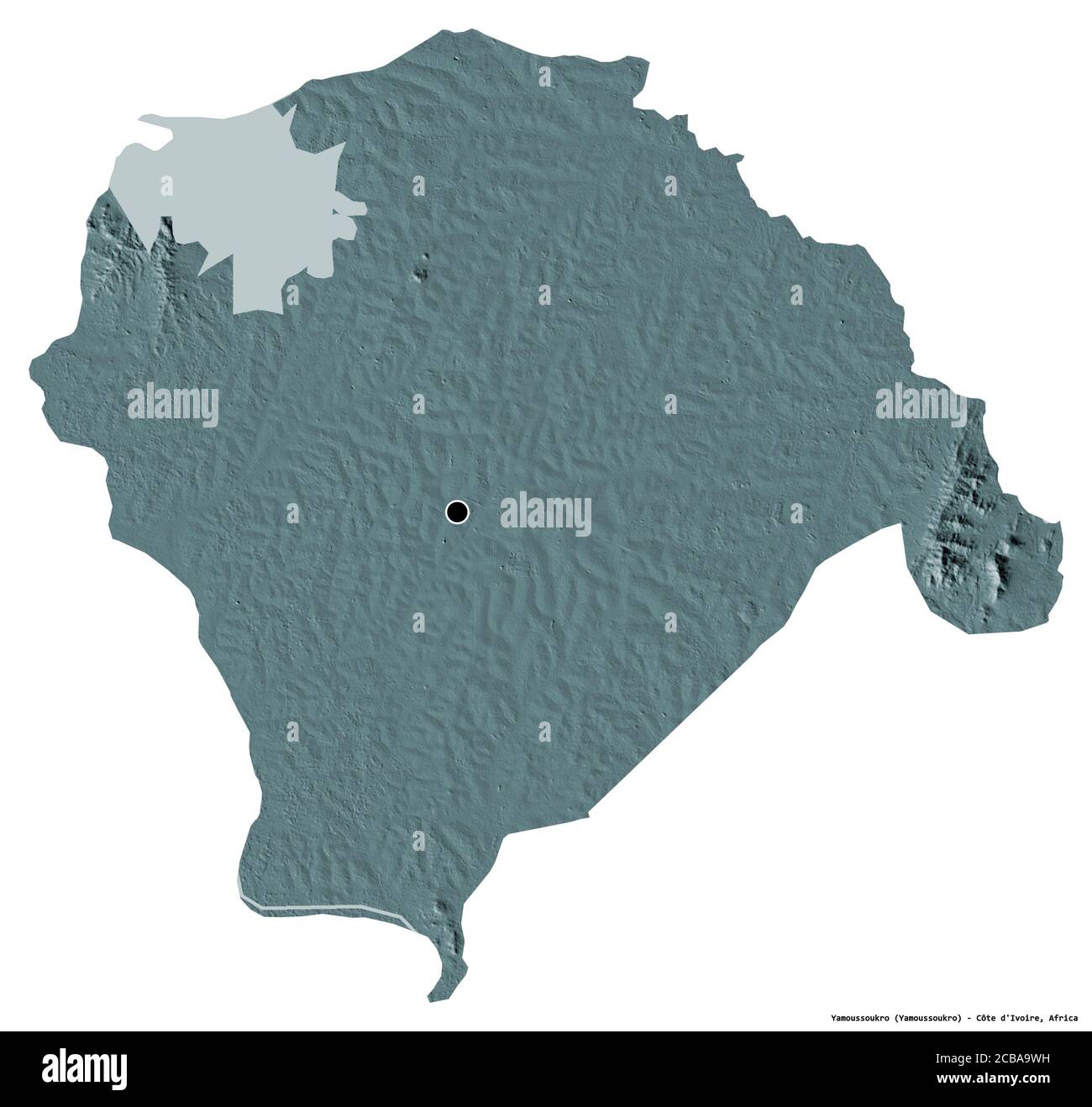 Forme de Yamoussoukro, district autonome de Côte d'Ivoire, avec sa capitale isolée sur fond blanc. Carte d'altitude en couleur. Rendu 3D Banque D'Images