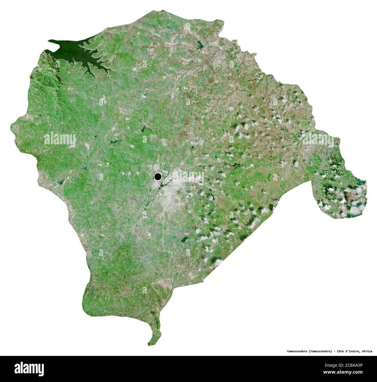 Forme de Yamoussoukro, district autonome de Côte d'Ivoire, avec sa capitale isolée sur fond blanc. Imagerie satellite. Rendu 3D Banque D'Images