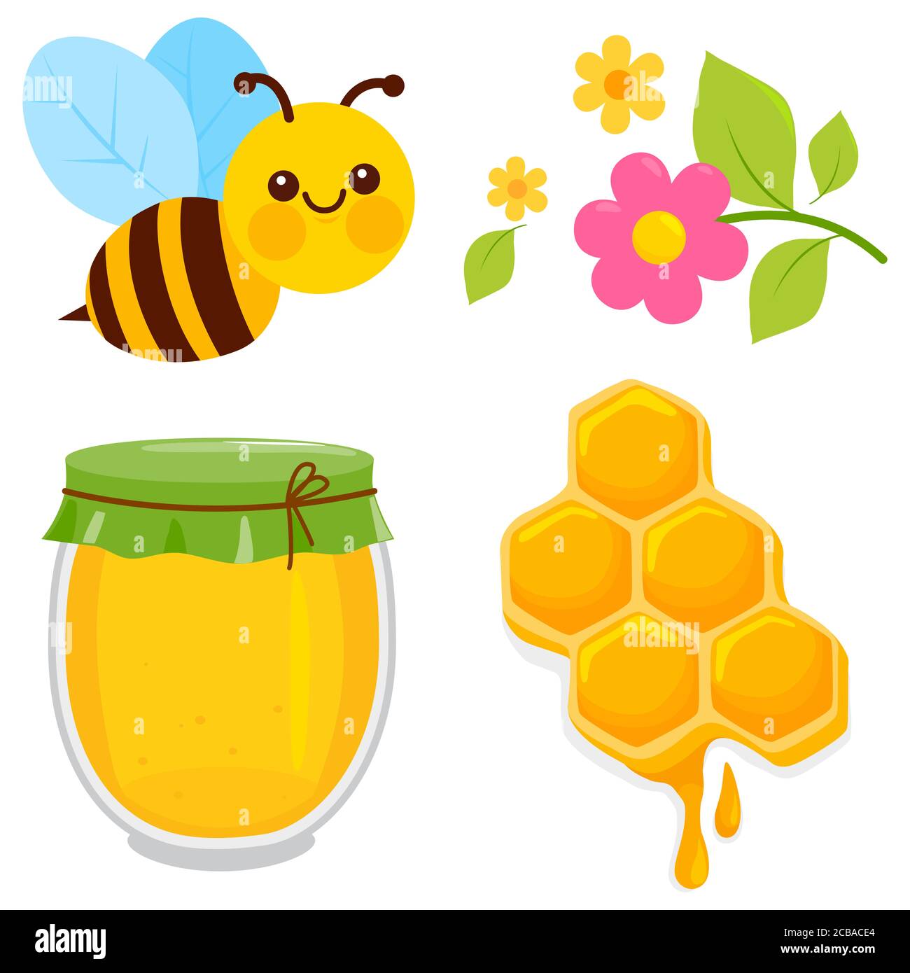 Collection d'illustrations de miel avec pot de miel, nid d'abeille, fleurs  et un personnage d'abeille mignon Photo Stock - Alamy