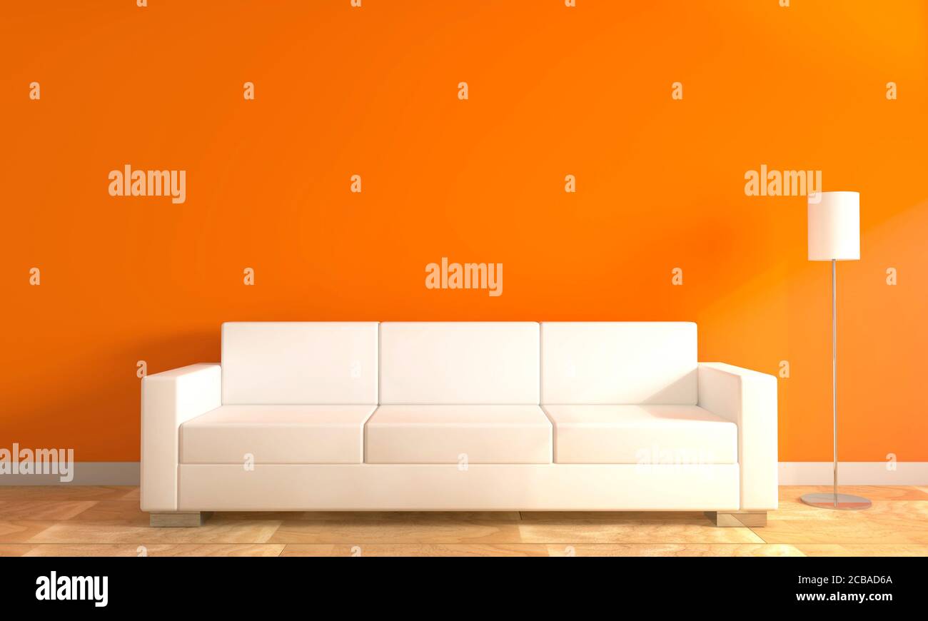Illustration d'un canapé blanc et d'une lampe devant un mur orange Banque D'Images